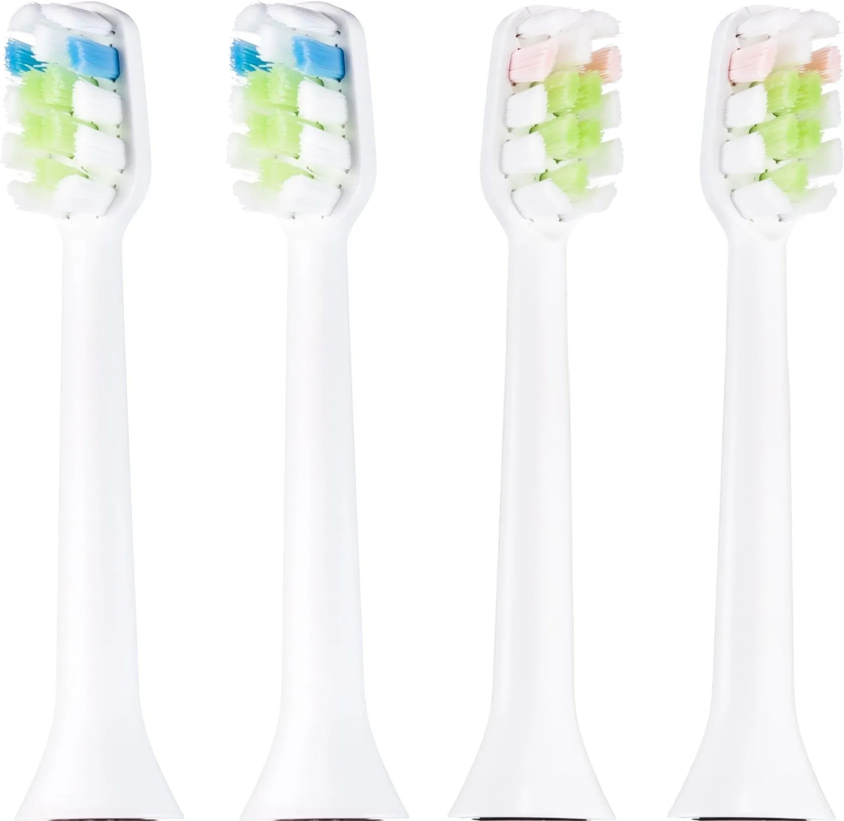 Cztery białe główki szczoteczki do zębów. Dwie mają niebiesko-zielone włosie, dwie różowo-pomarańczowo-zielone.