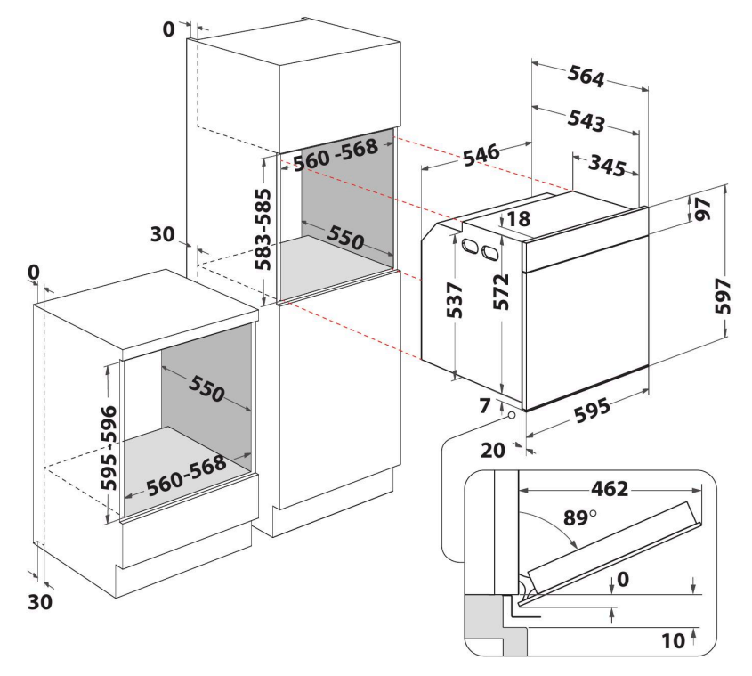 Beépített sütő és szekrény diagramja. Méretek és mérések feliratozva.