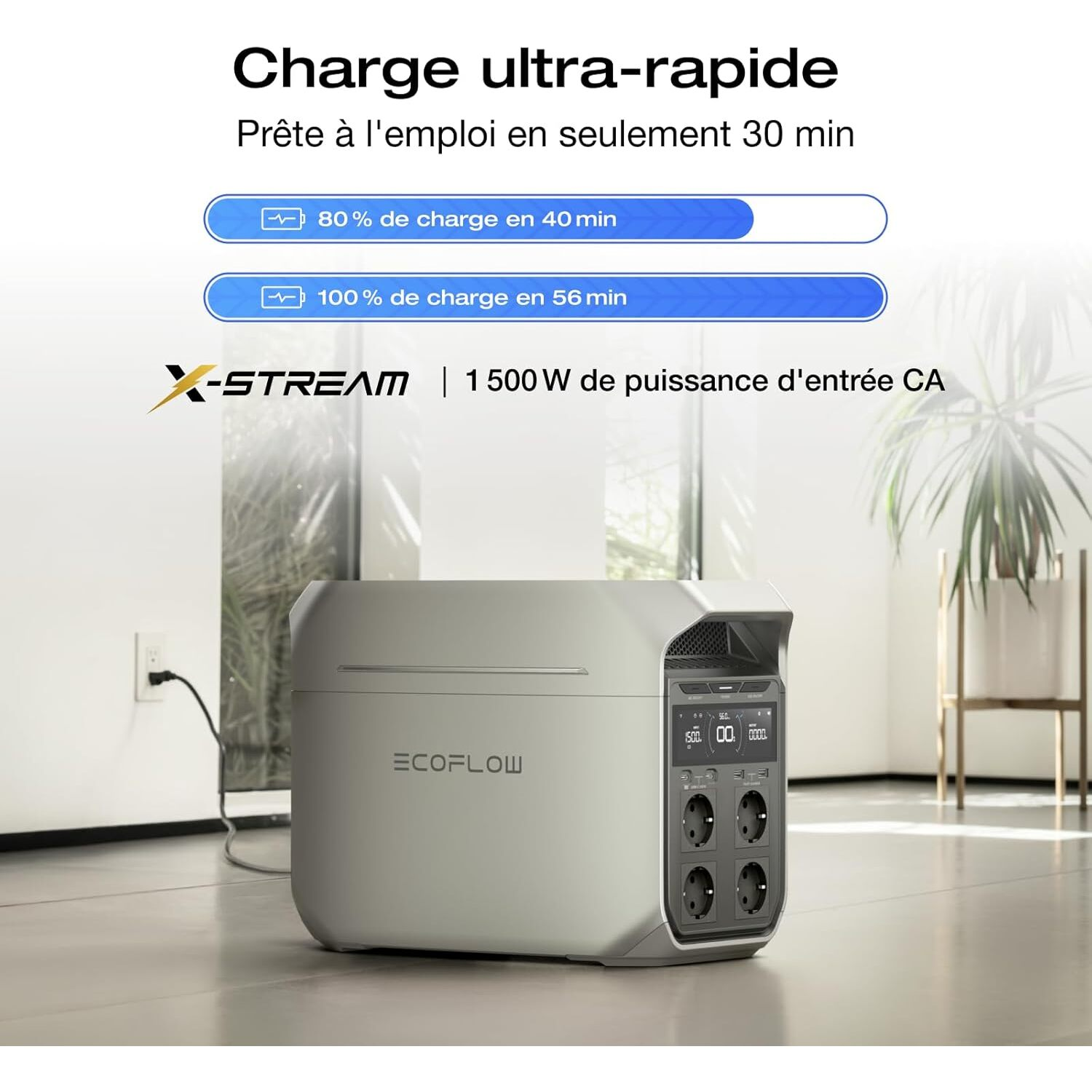 Une station d'alimentation grise avec une barre de progression de charge et des détails d'entrée d'alimentation.