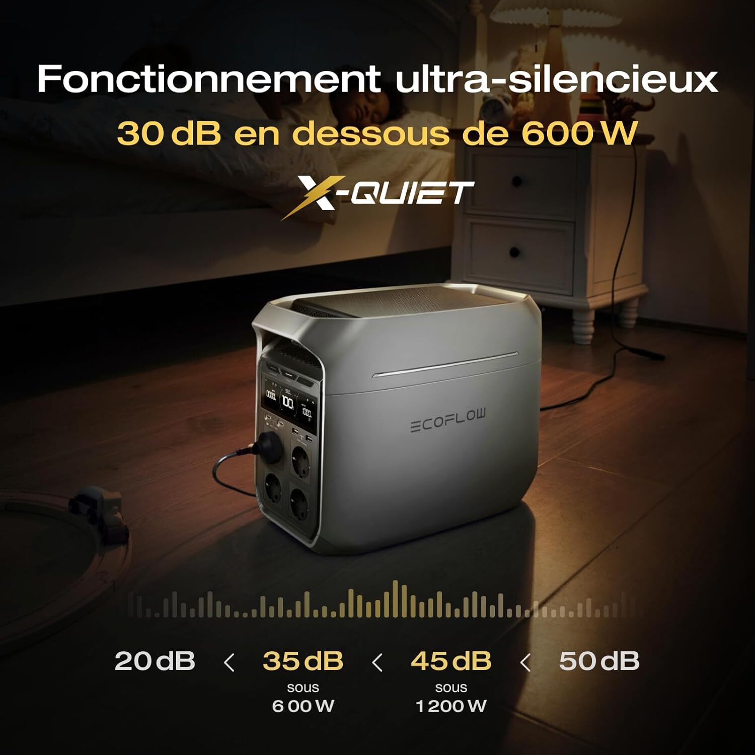 Une centrale électrique argentée avec un affichage montrant 35 dB de bruit, sur un plancher en bois.