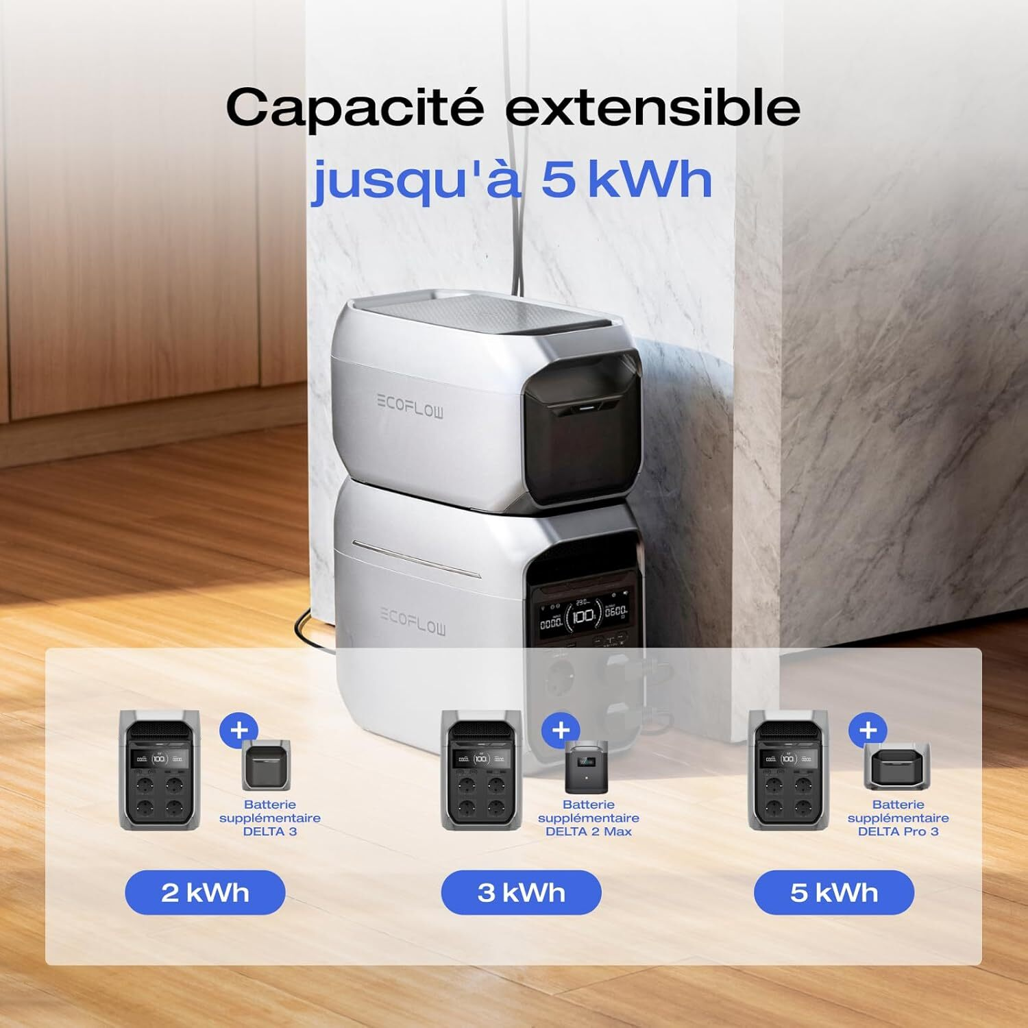 Centrales électriques avec texte, montrant différentes options d'alimentation, fond bleu.