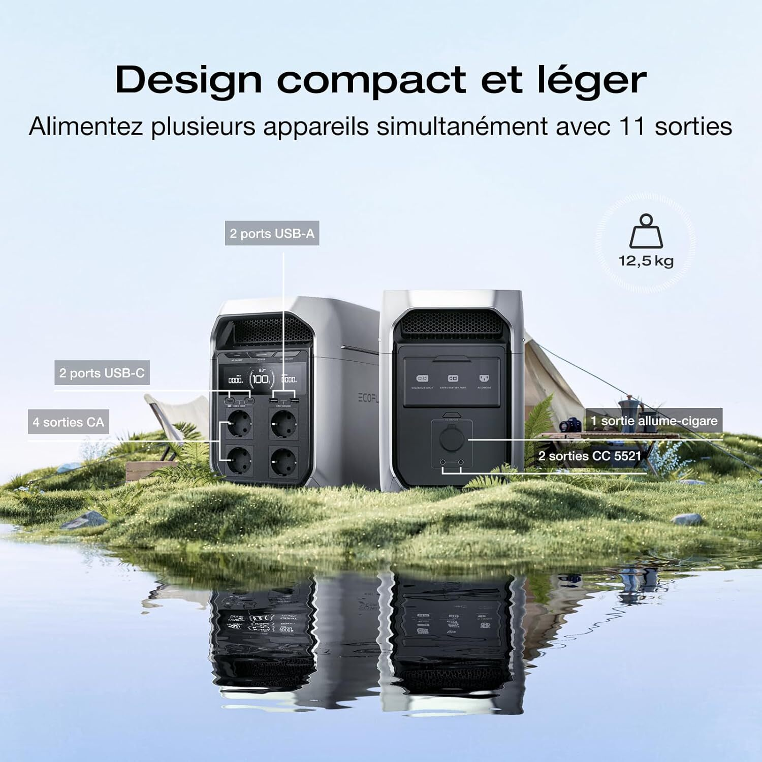 Centrales électriques avec texte, montrant plusieurs sorties, dans un paysage avec de l'eau.