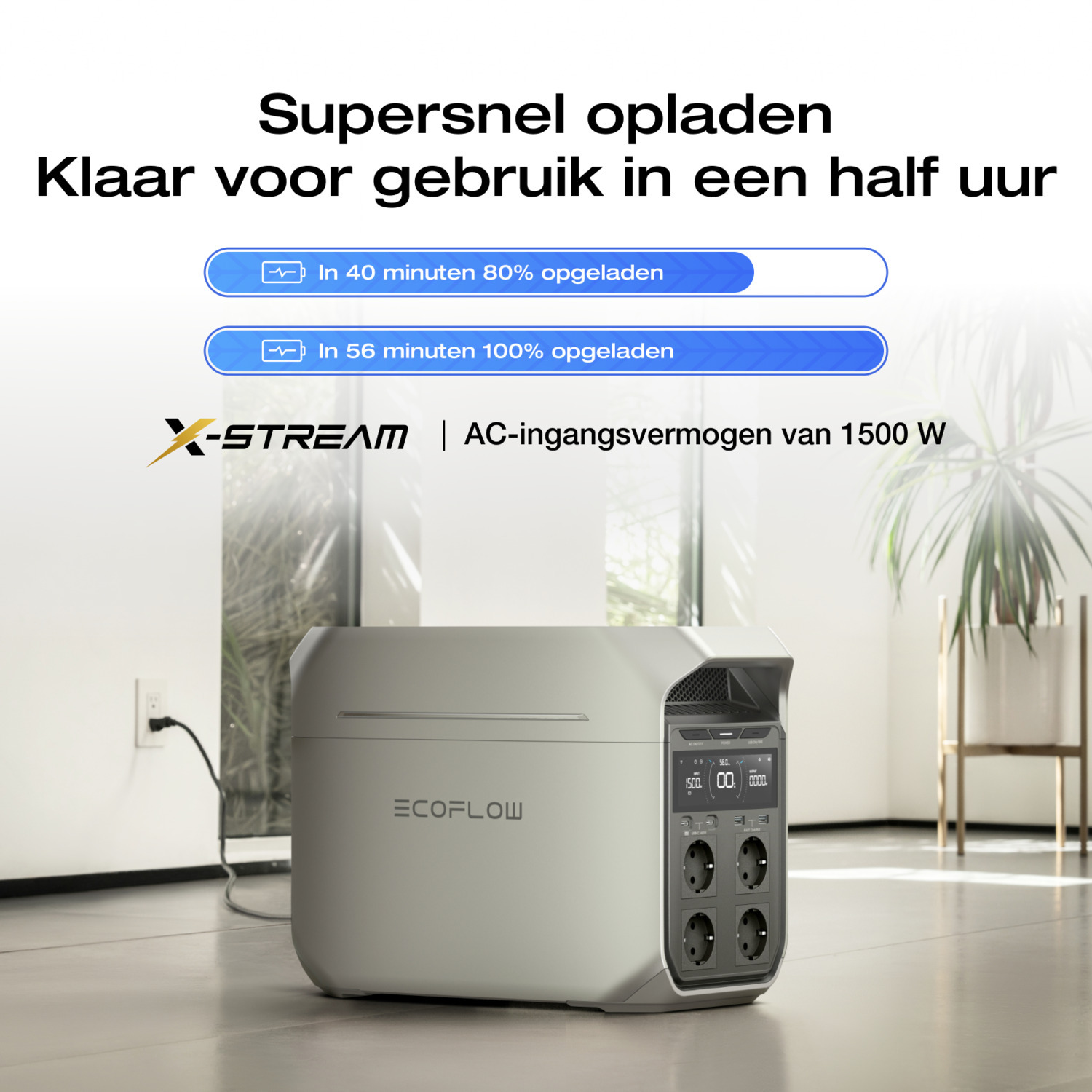 Een energiecentrale, met tekst die oplaadtijden toont, met een stopcontact en plant.