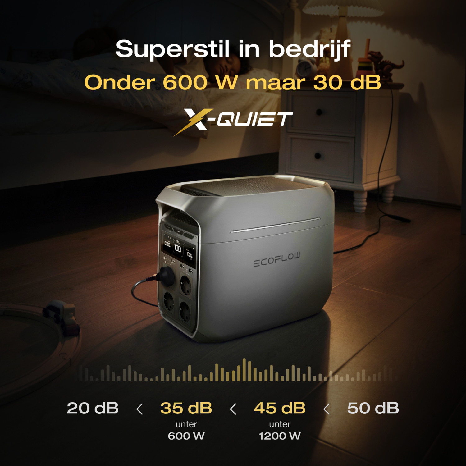 Stroomstation met tekst over stille werking en geluidsniveaus.