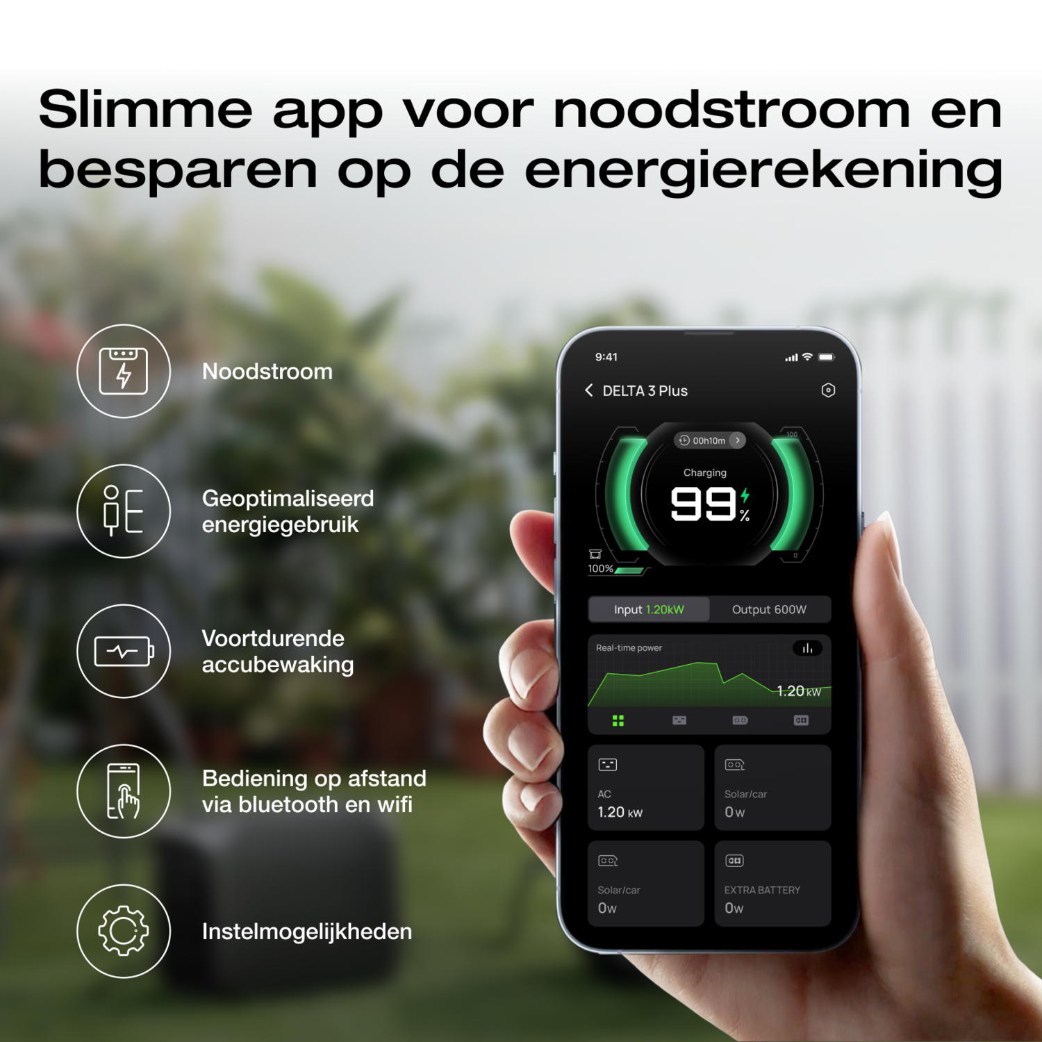 Smartphone met app-interface en energiecentrale in een tuin.