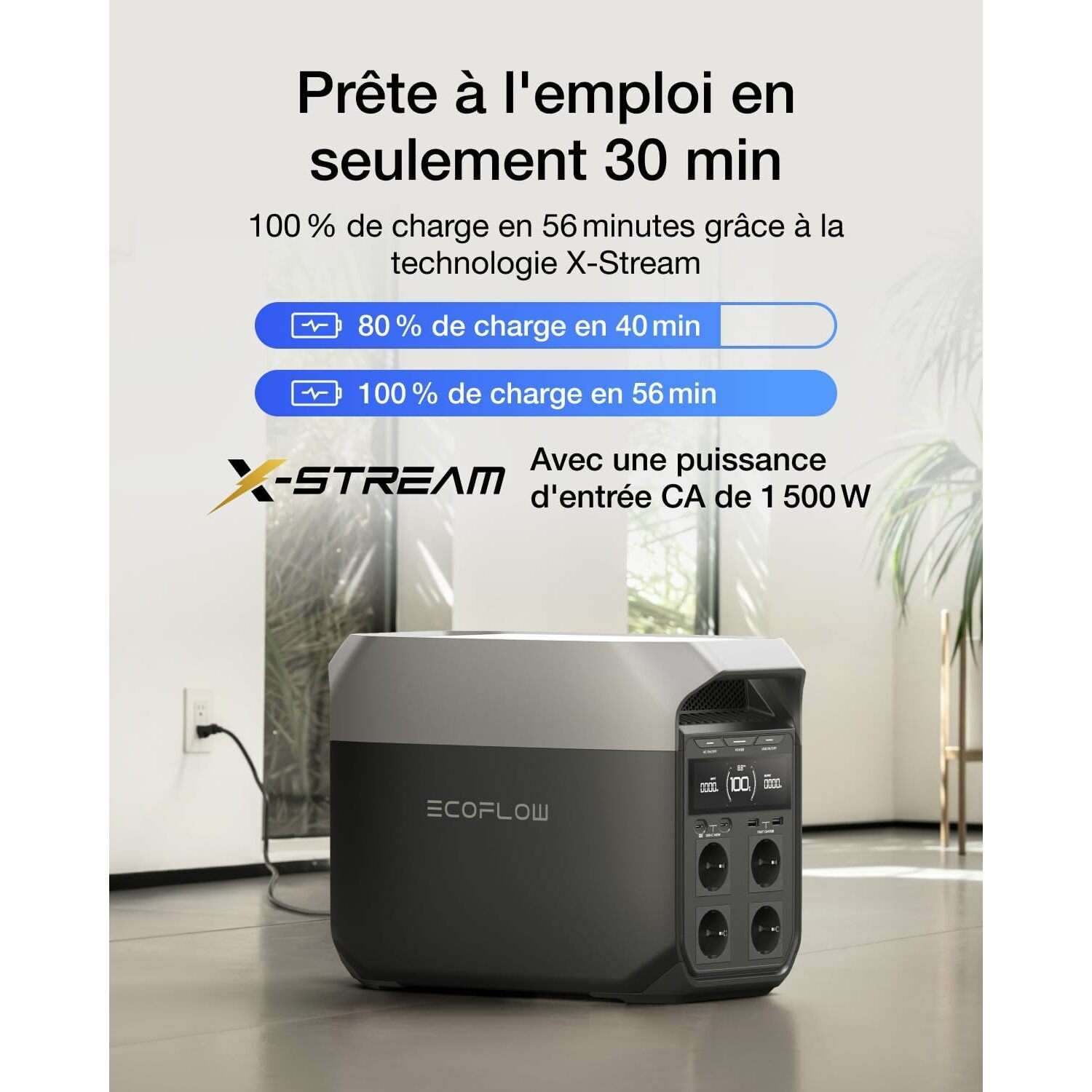 Une station d'alimentation noire et grise avec un écran affichant l'état de charge. Texte en français.