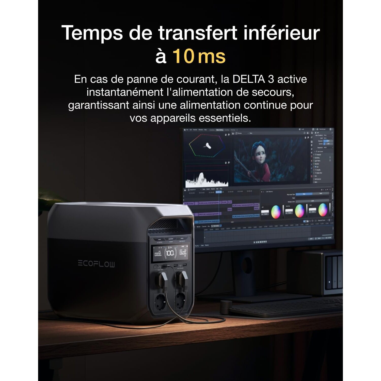 Une centrale électrique noire avec un écran d'ordinateur affichant une interface de montage vidéo.