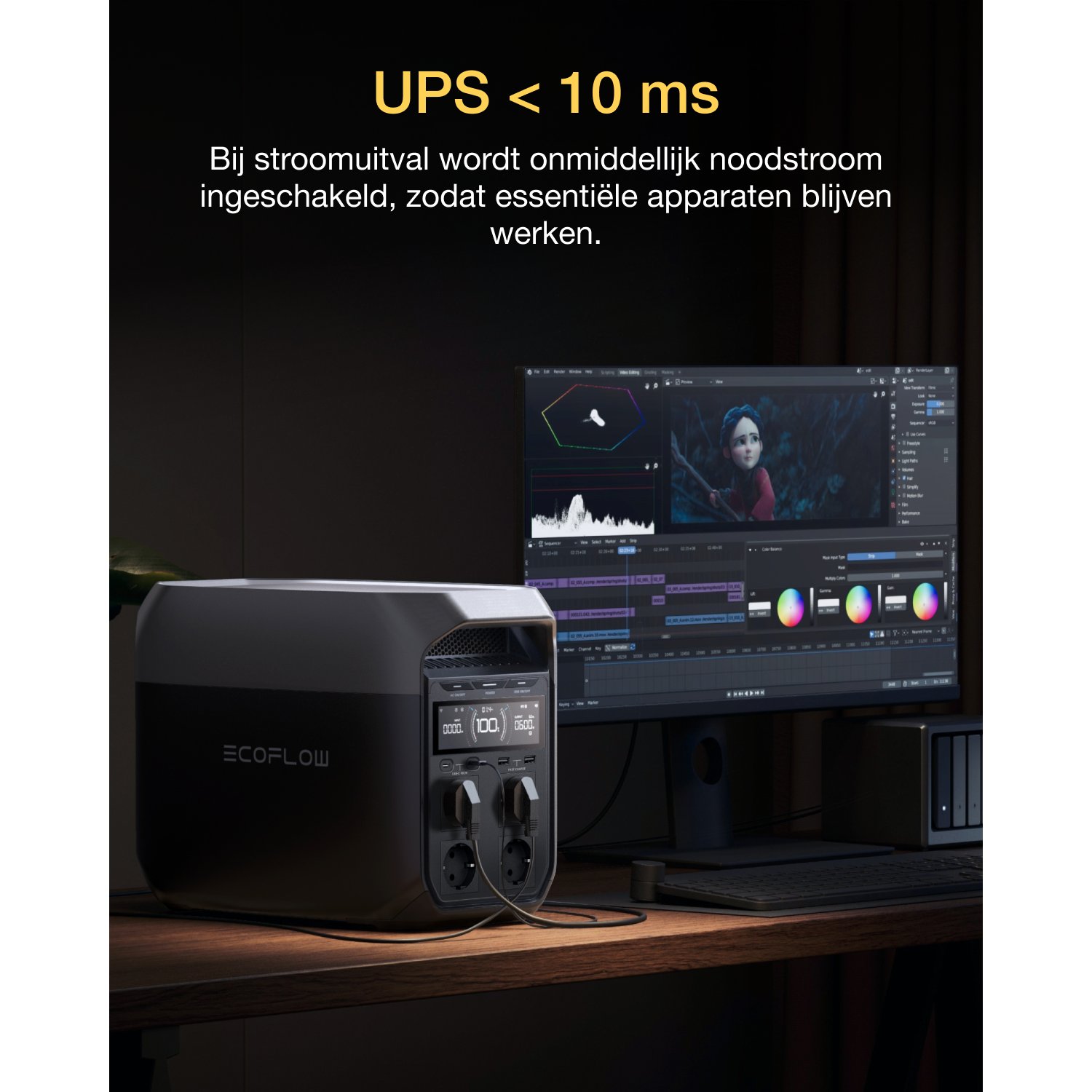 A black UPS device with a monitor displaying a scene, indicating emergency power supply.