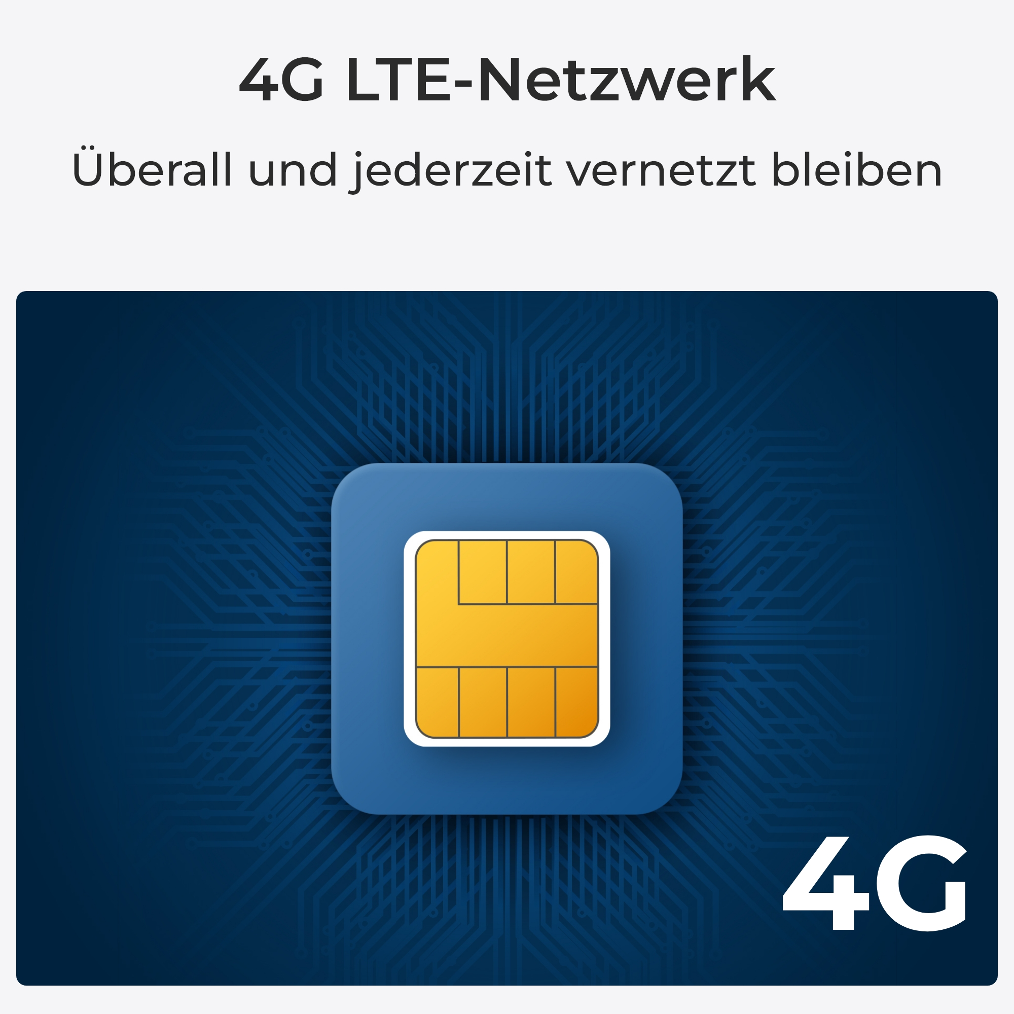 Ein blaues Quadrat mit einem gelben SIM-Karten-Symbol und 4G-Text.