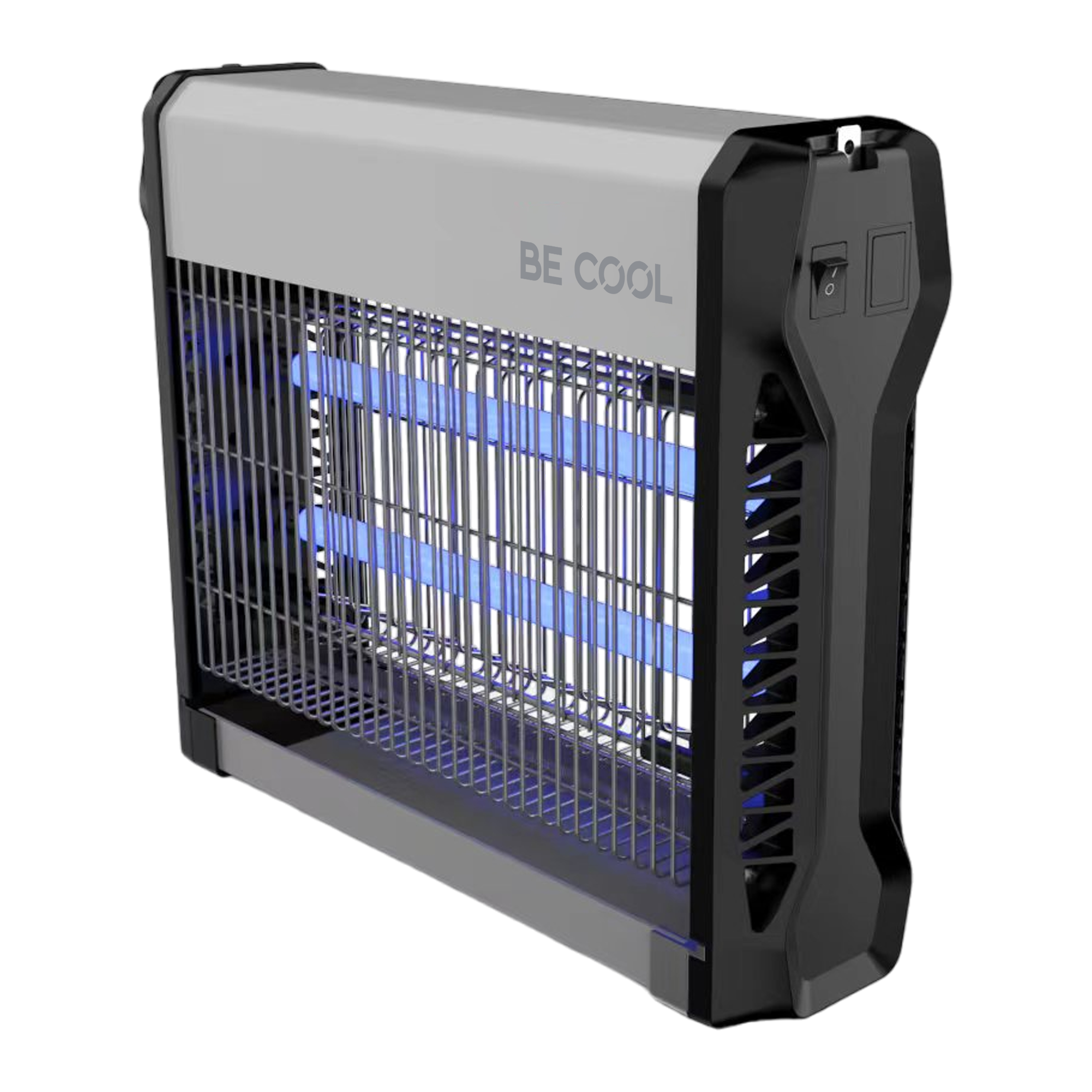 Insektenvernichter mit grauem Oberteil und schwarzen Seiten. Blaue UV-Licht innen. 'BE COOL' Etikett.