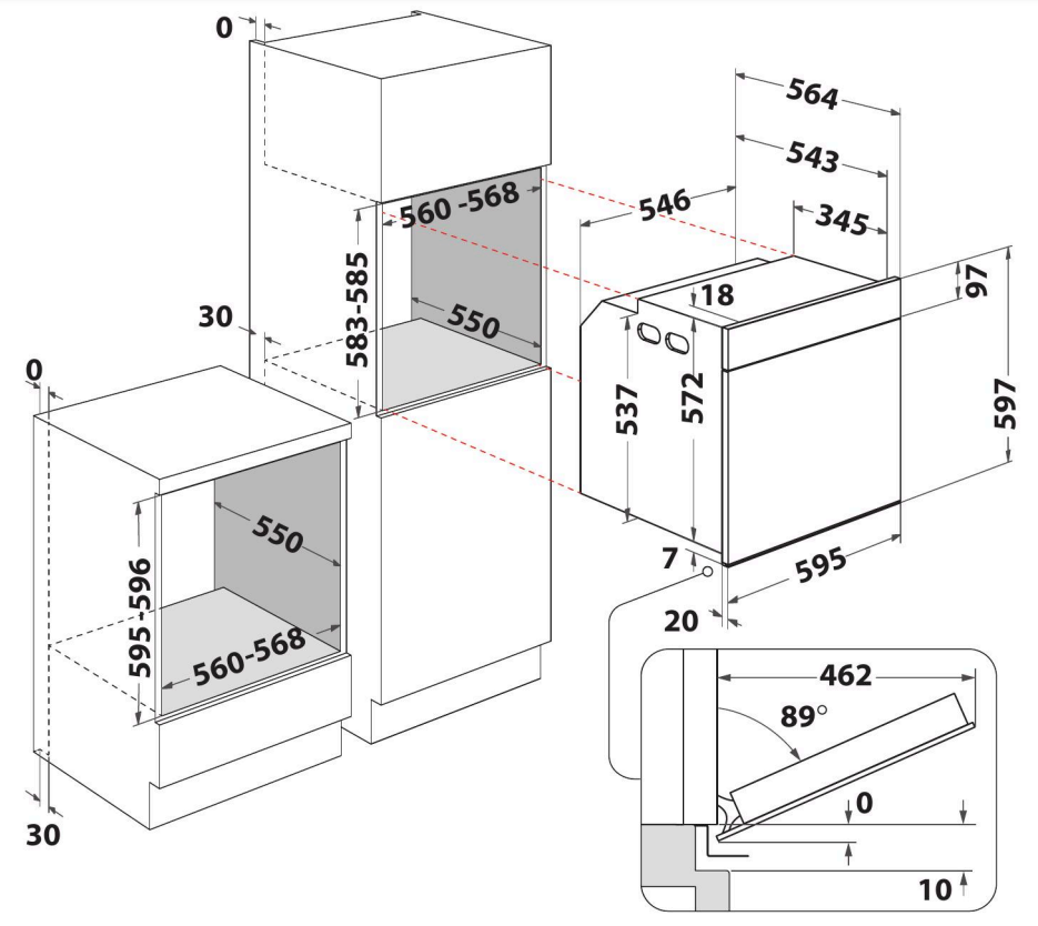 Beépített sütő és szekrény diagramja. Méretek és mérések feliratozva.