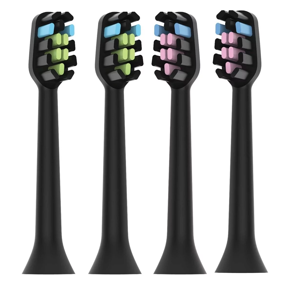 Cztery czarne głowice szczoteczek do zębów z kolorowym włosiem: niebieski i zielony, niebieski i zielony, różowy i niebieski, różowy i niebieski.
