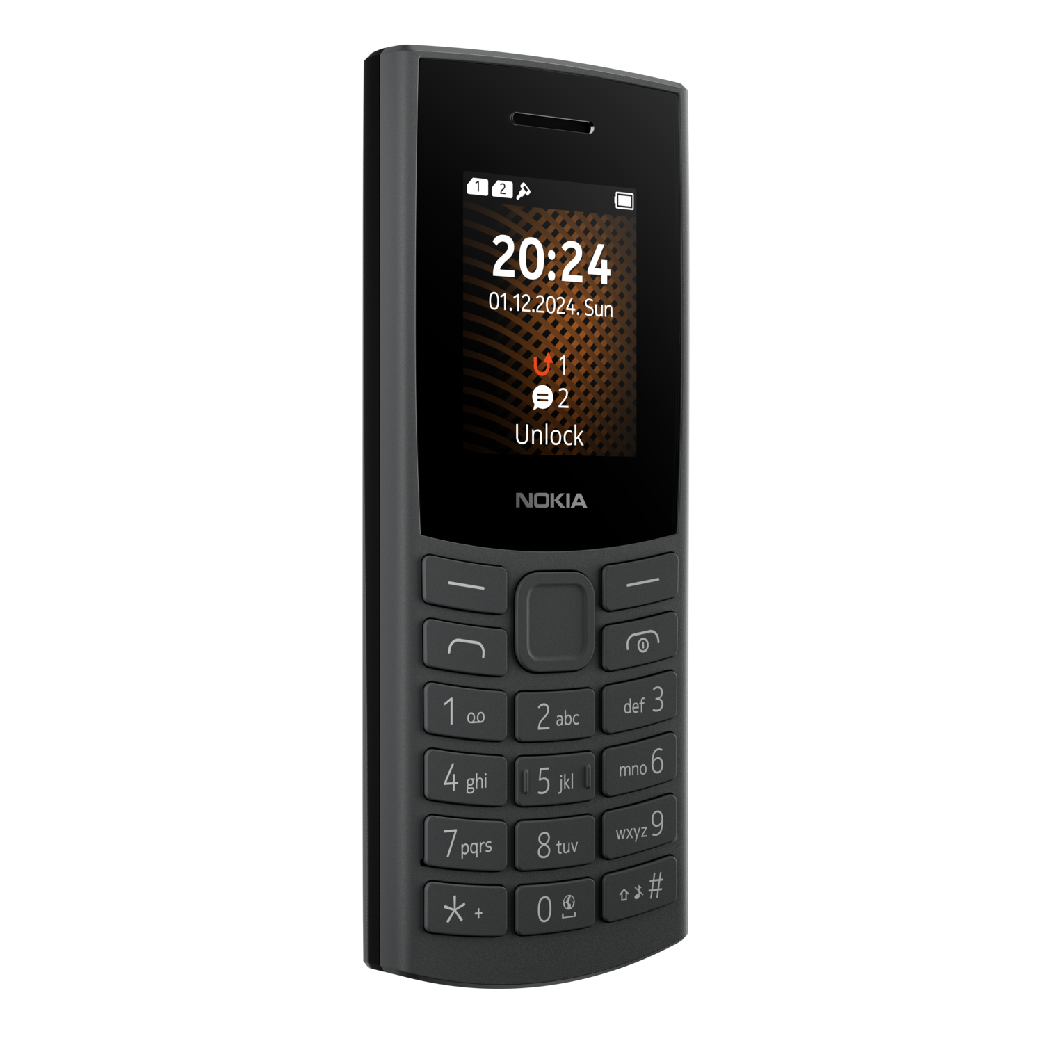 A black Nokia phone with a clock display and buttons.