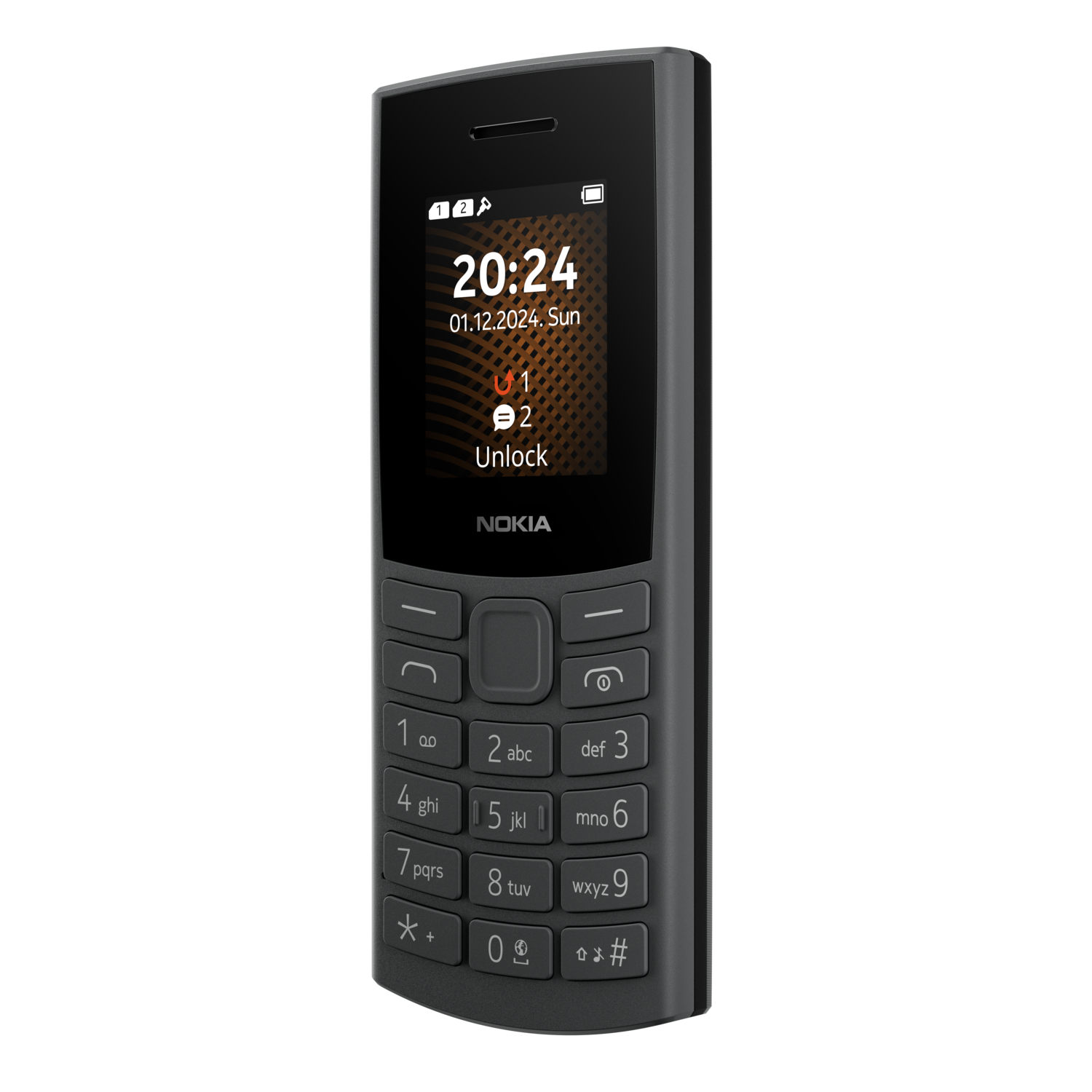 Nokia phone, dark gray, with a screen showing time and date, number pad.