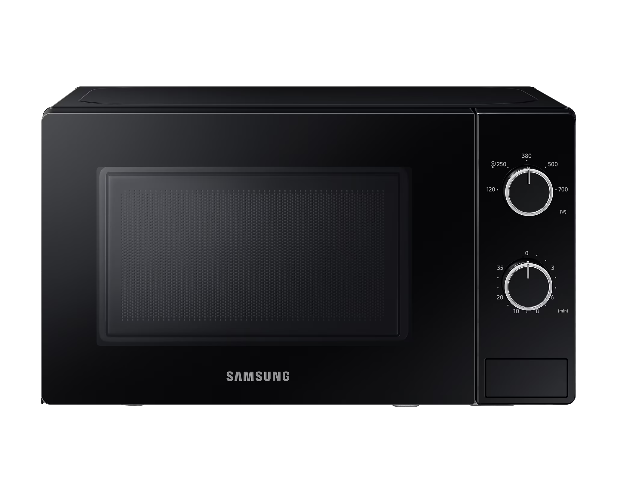 Schwarzer Samsung Mikrowellenherd mit Bedienknöpfen auf schwarzem Hintergrund.