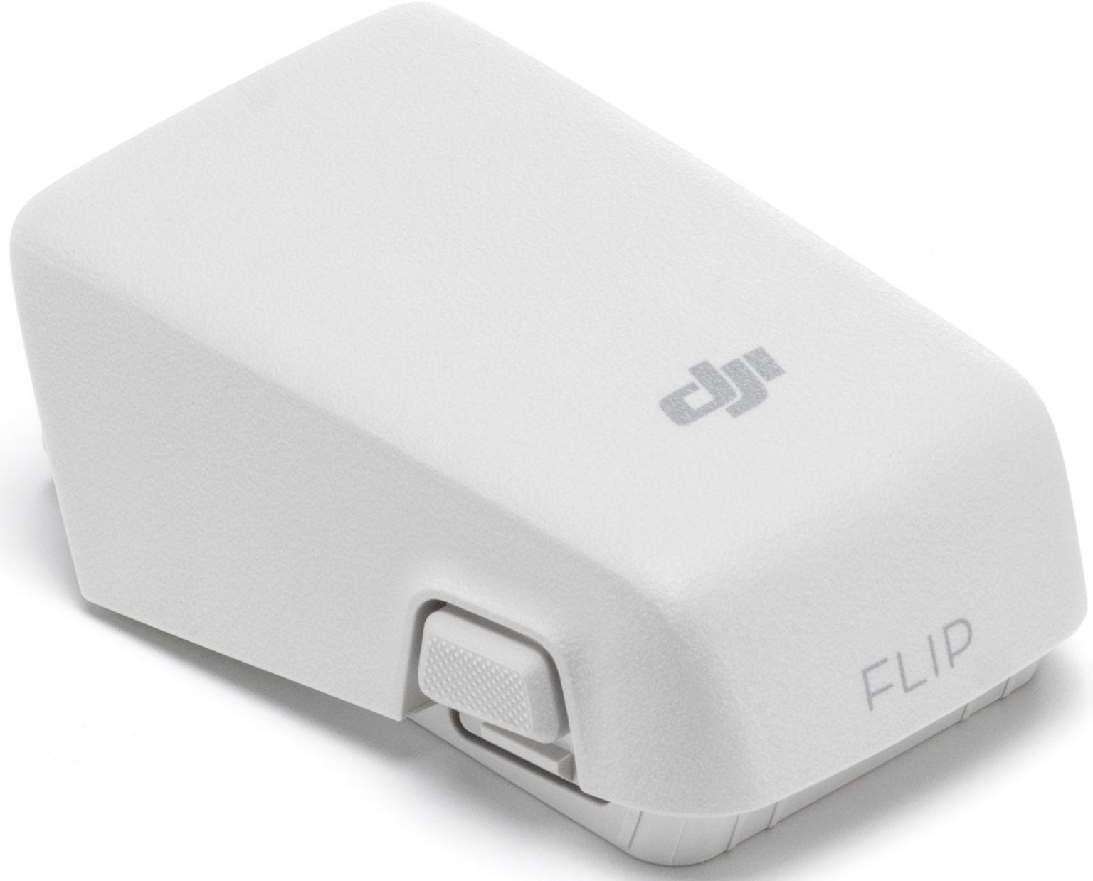 Batterie de drone blanche avec un bouton et le mot FLIP. Logo DJI présent.