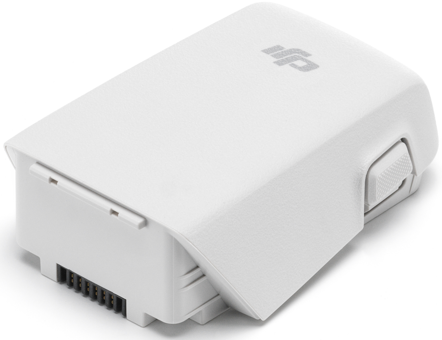 Batterie de drone blanche avec petit bouton et connecteur. Logo DJI présent.
