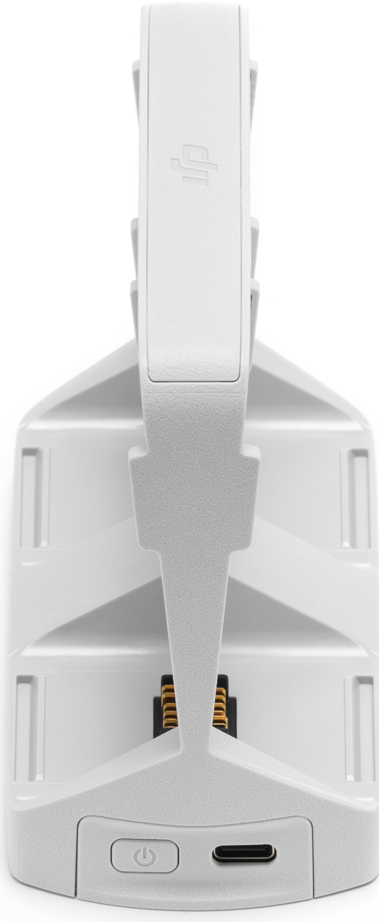 Weißes Drohnenladegerät mit Ein-/Aus-Taste und USB-Anschluss. Eine Ladestation.