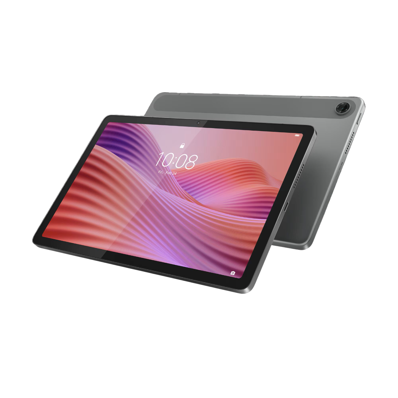 Zwei graue Tablets auf schwarzem Hintergrund, eines vor dem anderen abgewinkelt. Das vordere hat ein pink-rotes Muster.