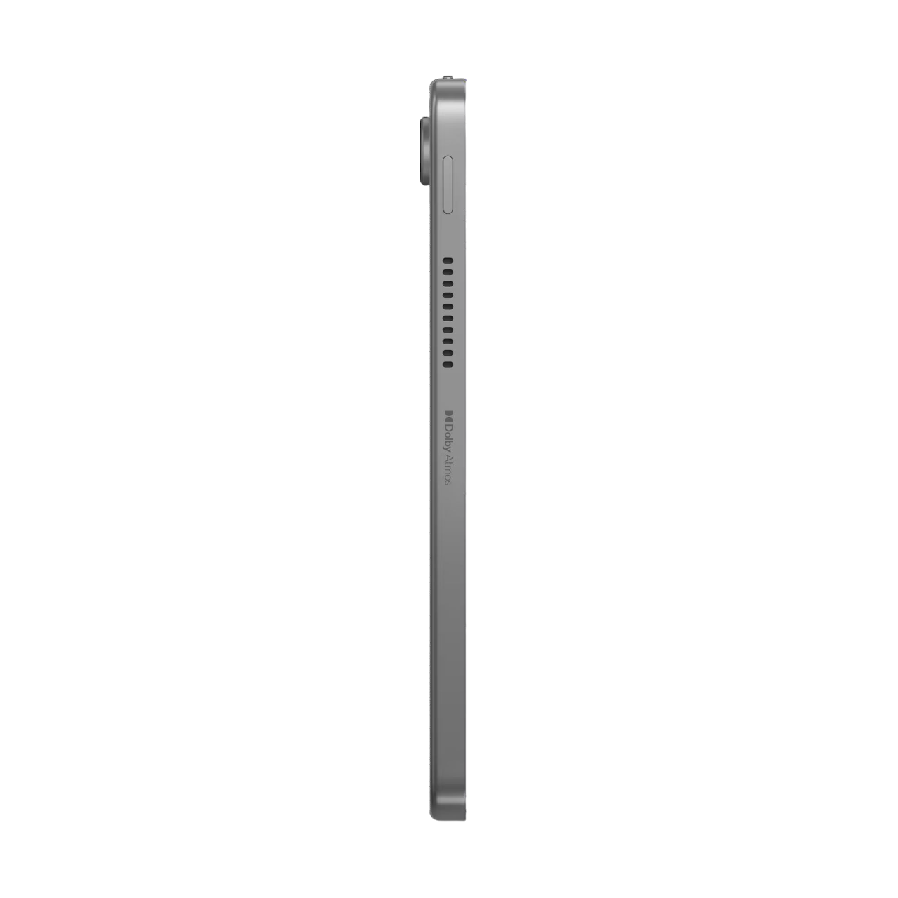 Seitenansicht eines grauen Tablets mit schwarzem Bildschirm, das das Design des Geräts zeigt.