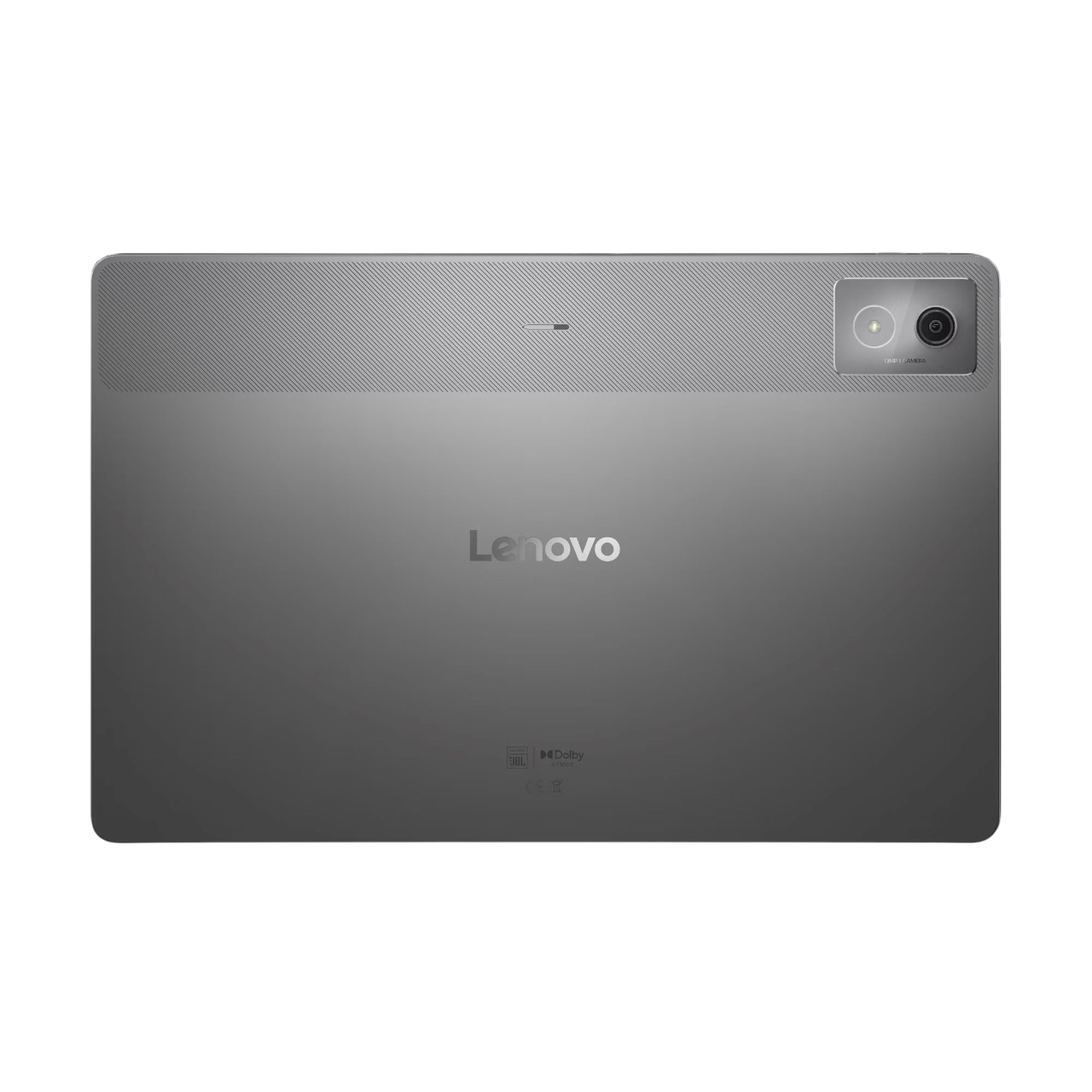 Rückansicht eines grauen Lenovo-Tablets mit Kamera und Markenlogo.