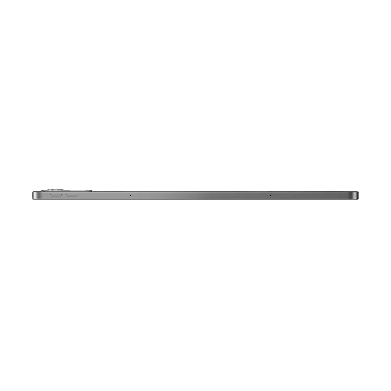 Draufsicht auf ein graues Tablet auf schwarzem Hintergrund. Das Tablet ist dünn und hat eine Kamera.