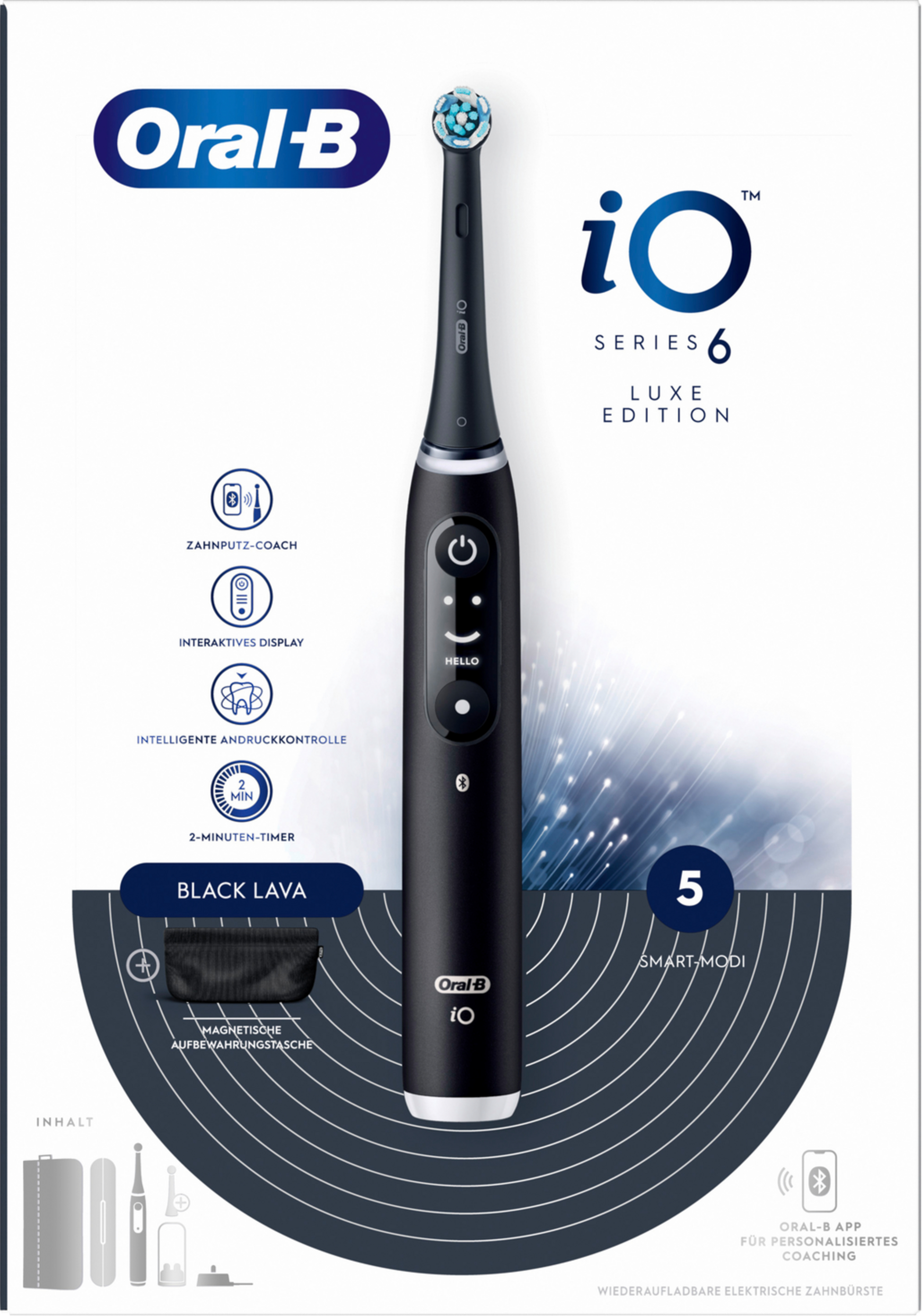 Schachtel mit schwarzer Oral-B iO Zahnbürste und Zubehör. Text und Symbole vorhanden, Merkmale hervorgehoben.