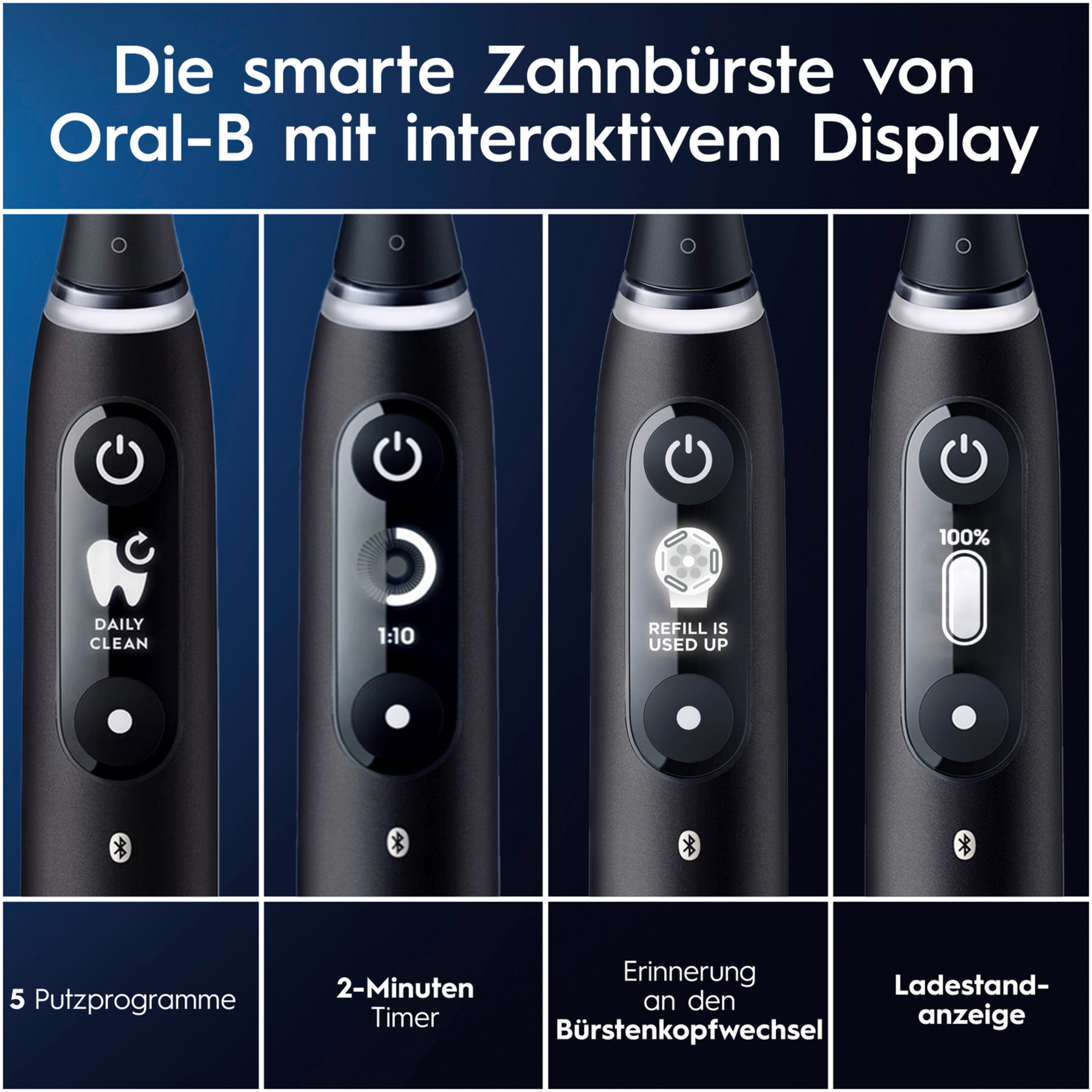 Schwarze elektrische Zahnbürste von Oral-B mit Display, das Reinigungsmodi, Timer, Nachfüllanzeige und Akkustatus zeigt.