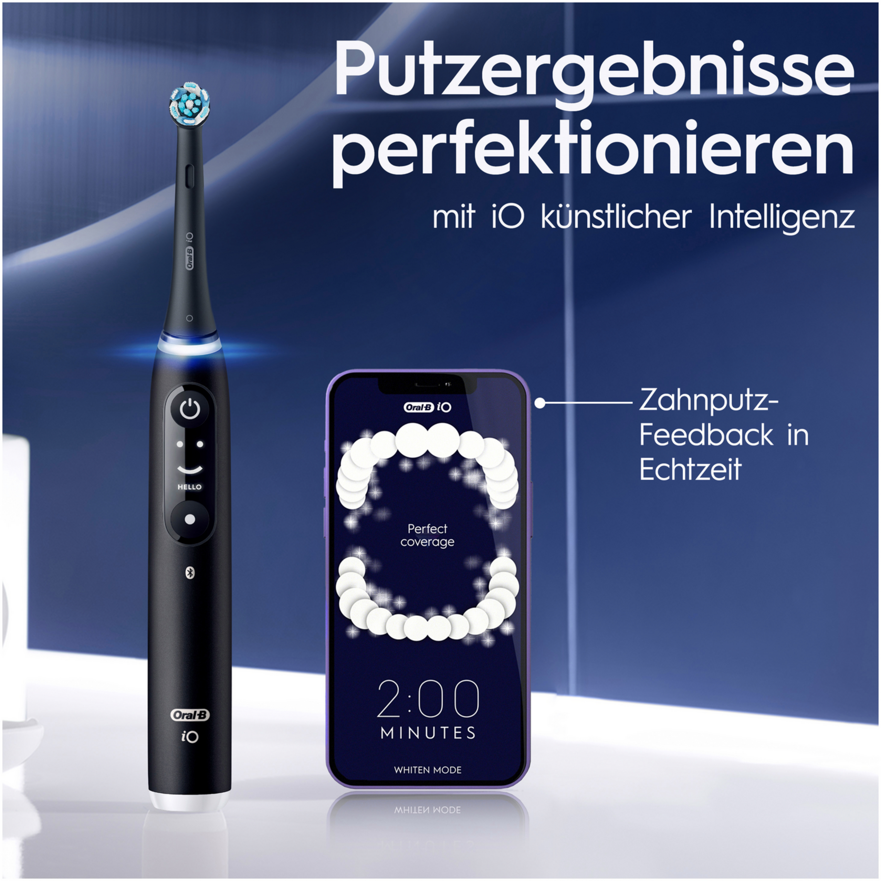 Schwarze elektrische Zahnbürste und Telefonbildschirm mit Zahnreinigungsdetails.