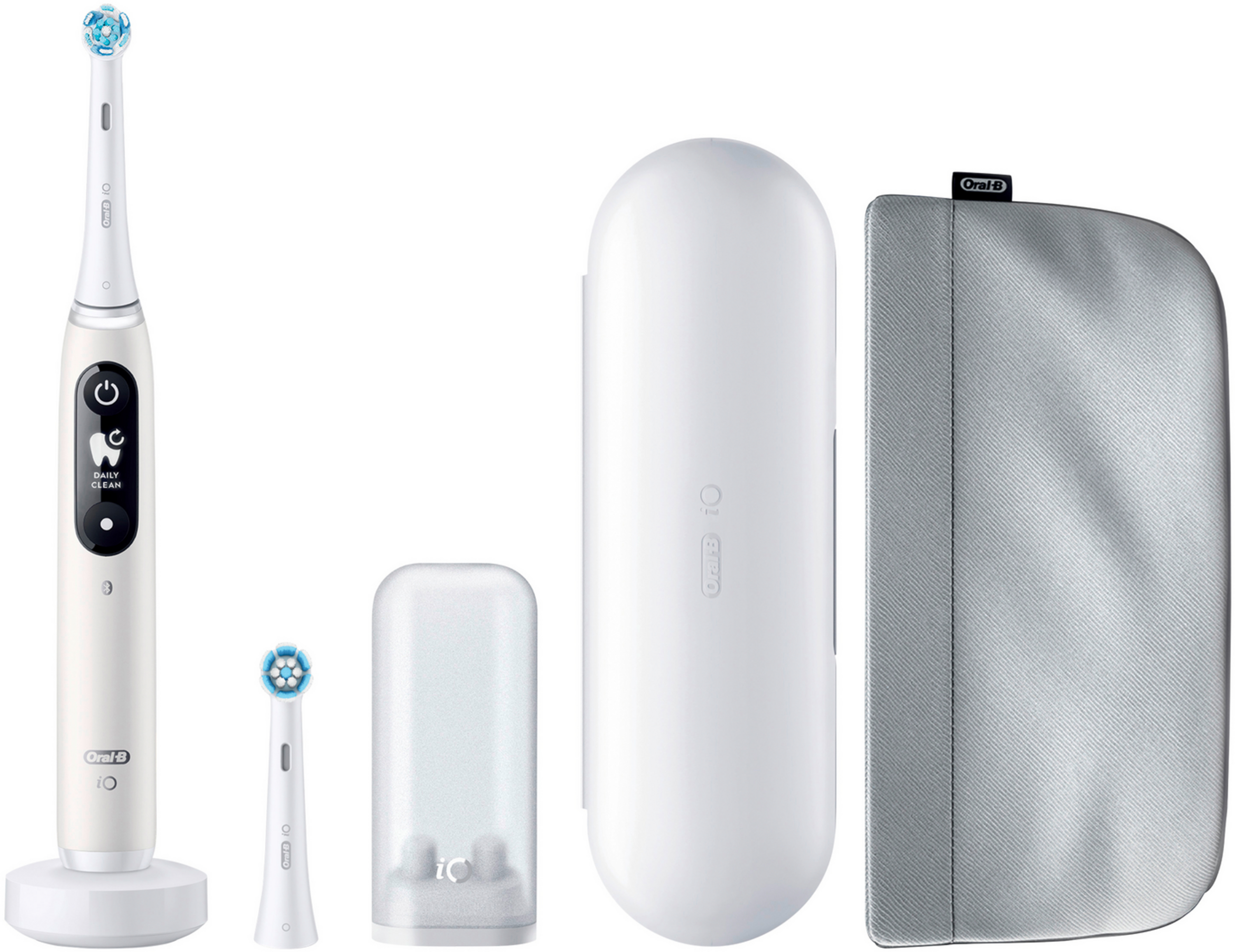 Weiße Oral-B iO Zahnbürste, Ladestation, Bürstenköpfe, weiße Reisehülle und graue Reisehülle.
