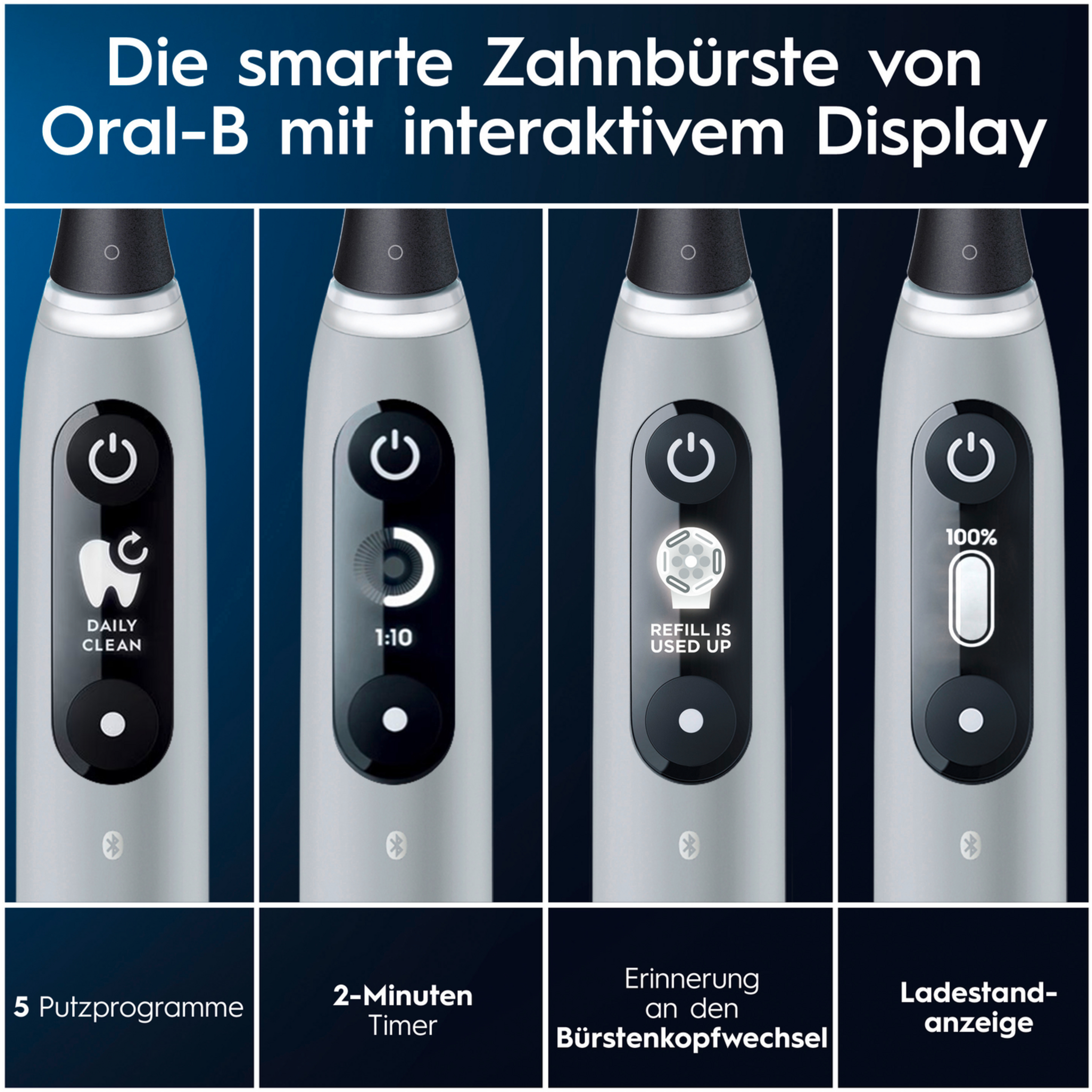 Eine Zahnbürste mit Display, das Reinigungsmodi anzeigt.