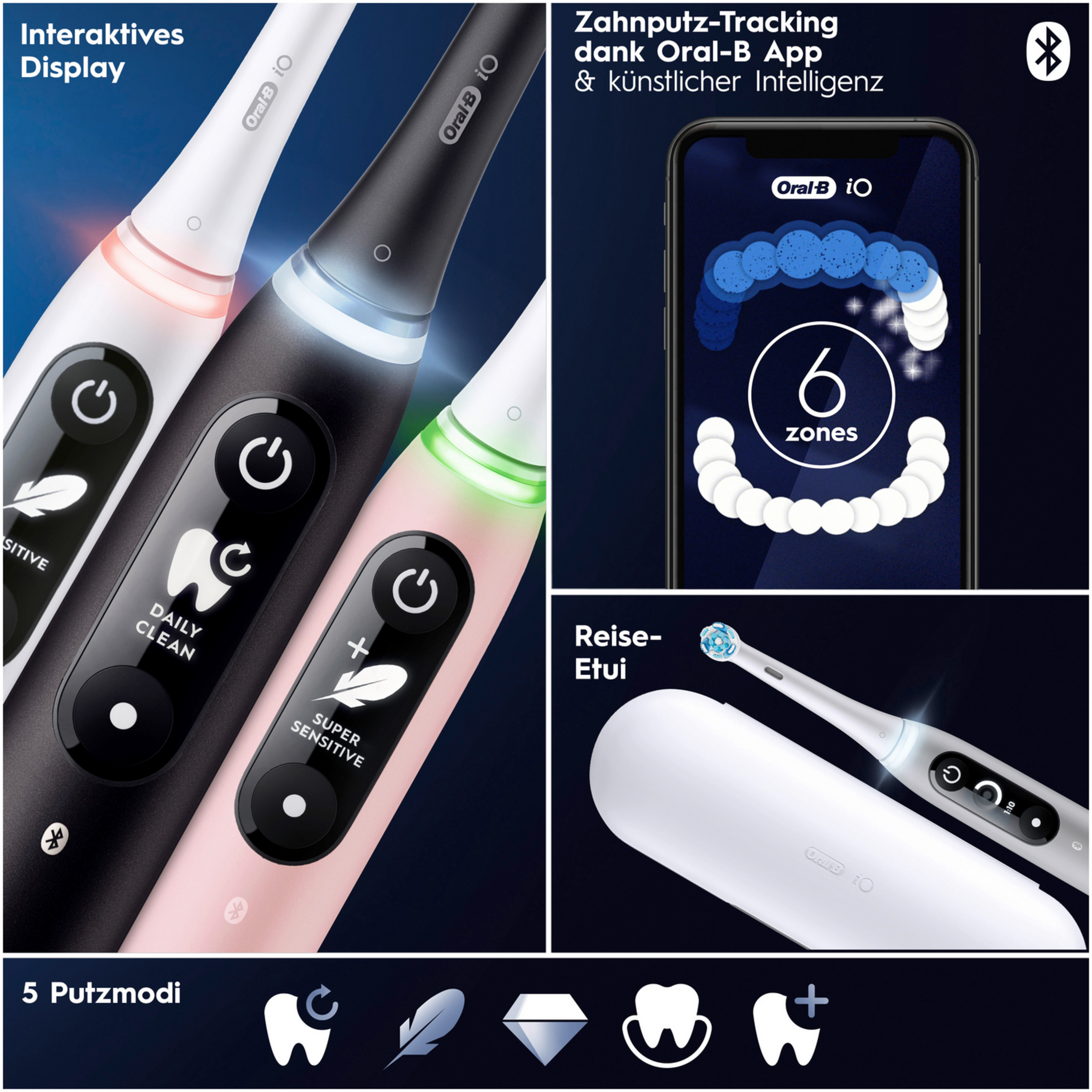Nahaufnahme von drei Oral-B iO Zahnbürsten und einem Smartphone mit Zahnbürsten-Tracking-Daten.