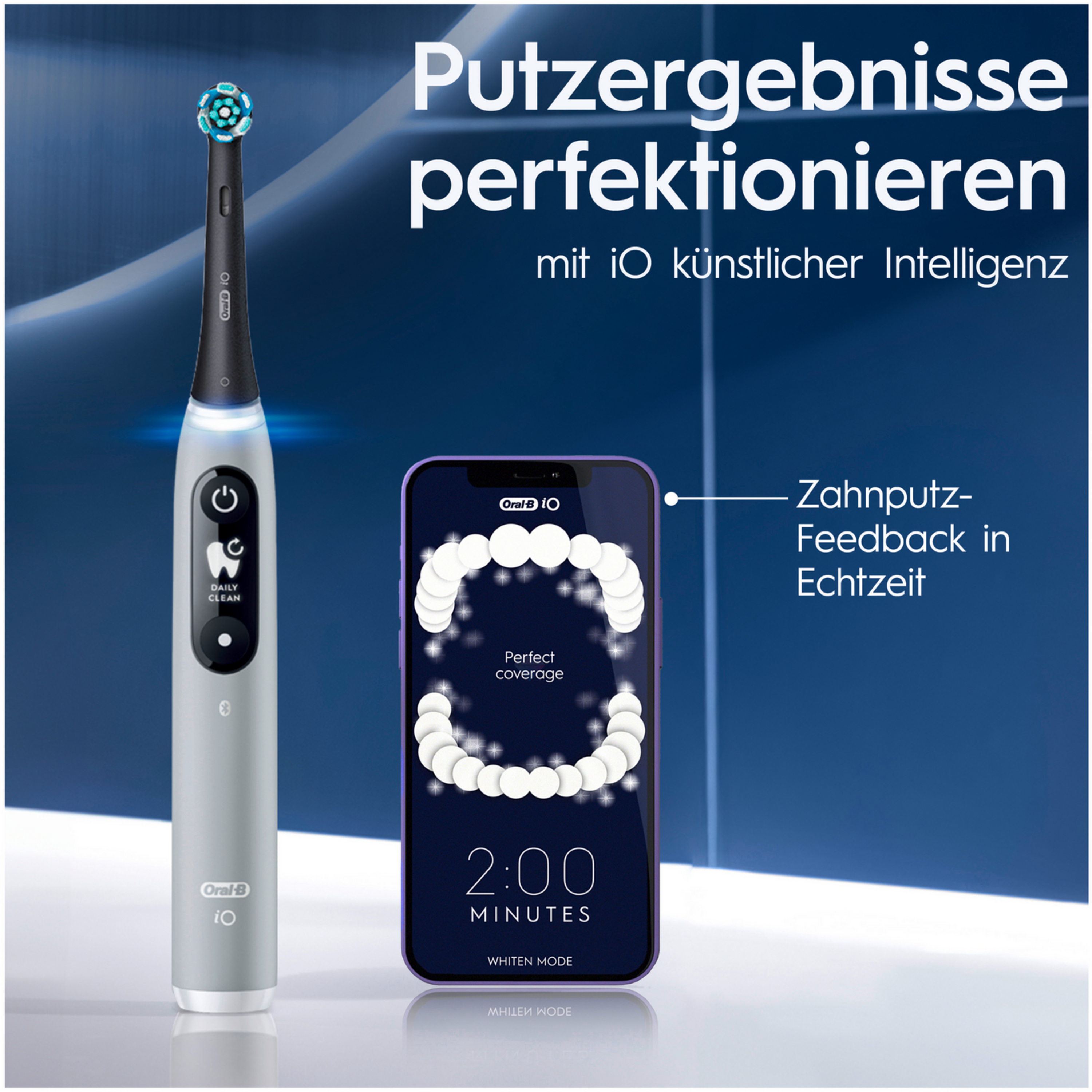 Graue Oral-B iO Zahnbürste neben einem Telefon, das den Putzfortschritt mit Text und Timer zeigt.