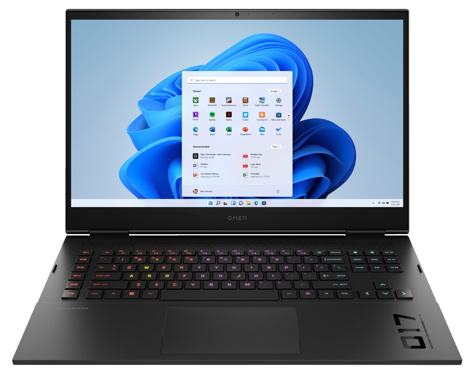 Czarny laptop z otwartym pulpitem Windows 11 i kolorową klawiaturą.