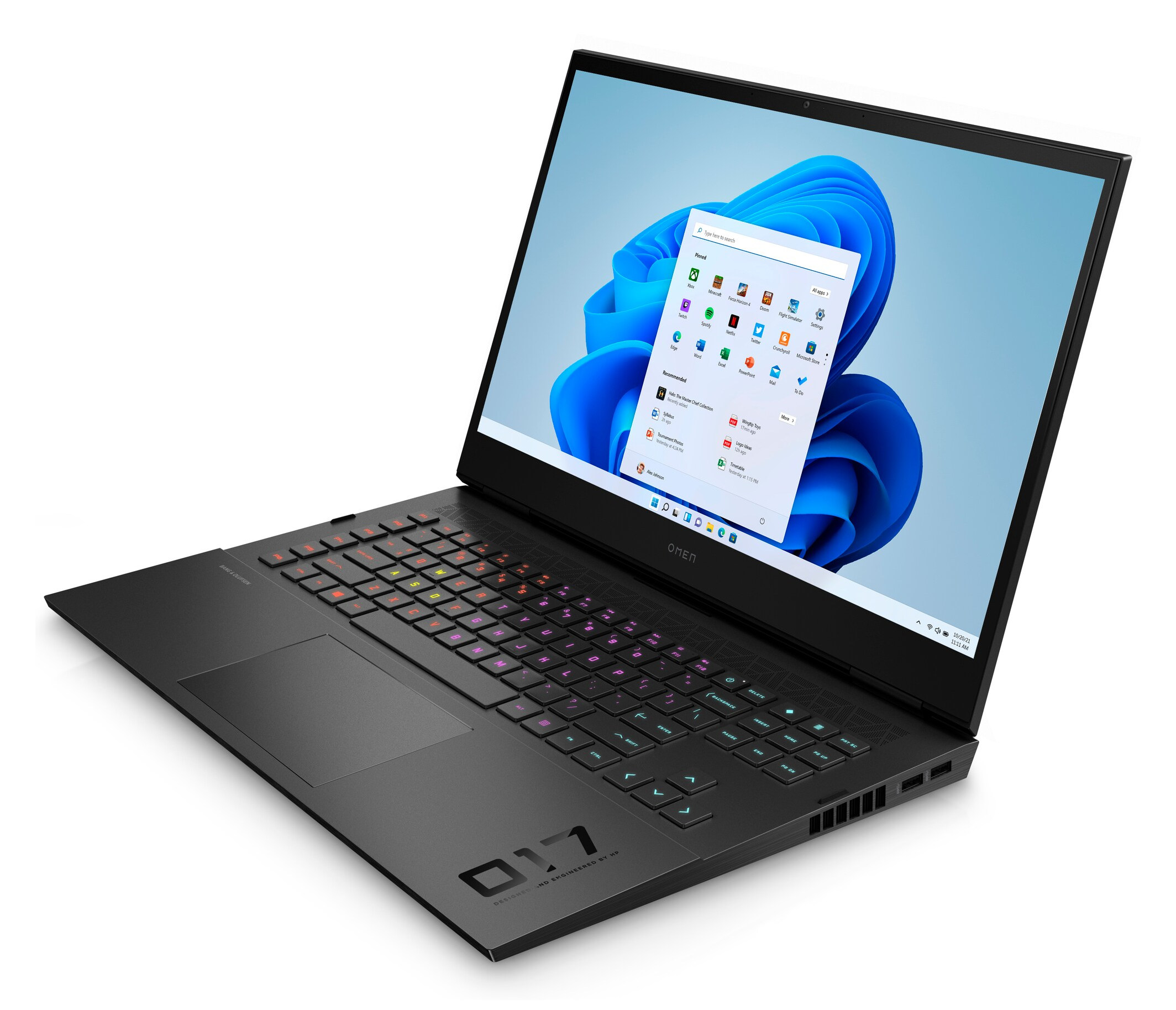 Czarny laptop z kolorową klawiaturą i ekranem Windows.