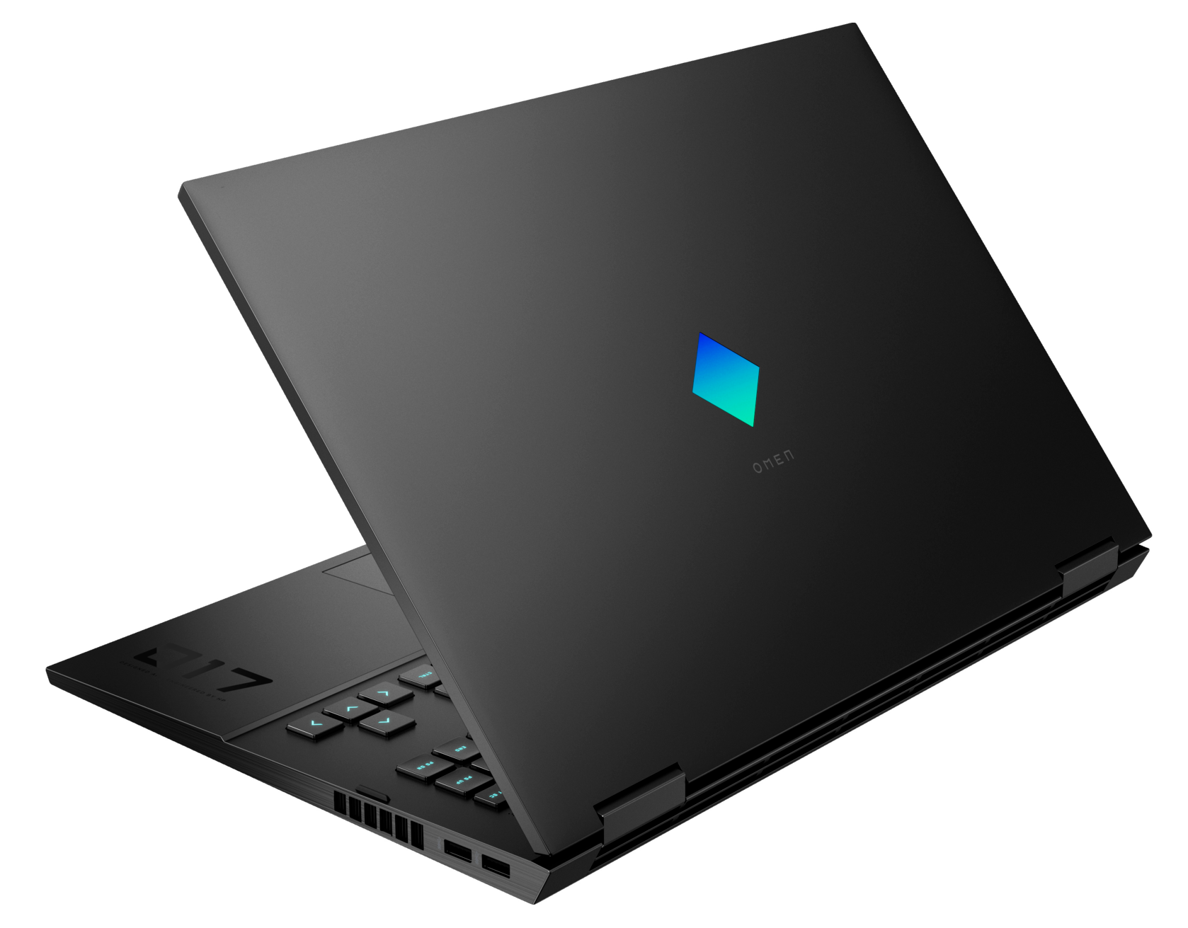 Czarny laptop z logo Omen z tyłu. Laptop jest otwarty, widoczny jest ekran.