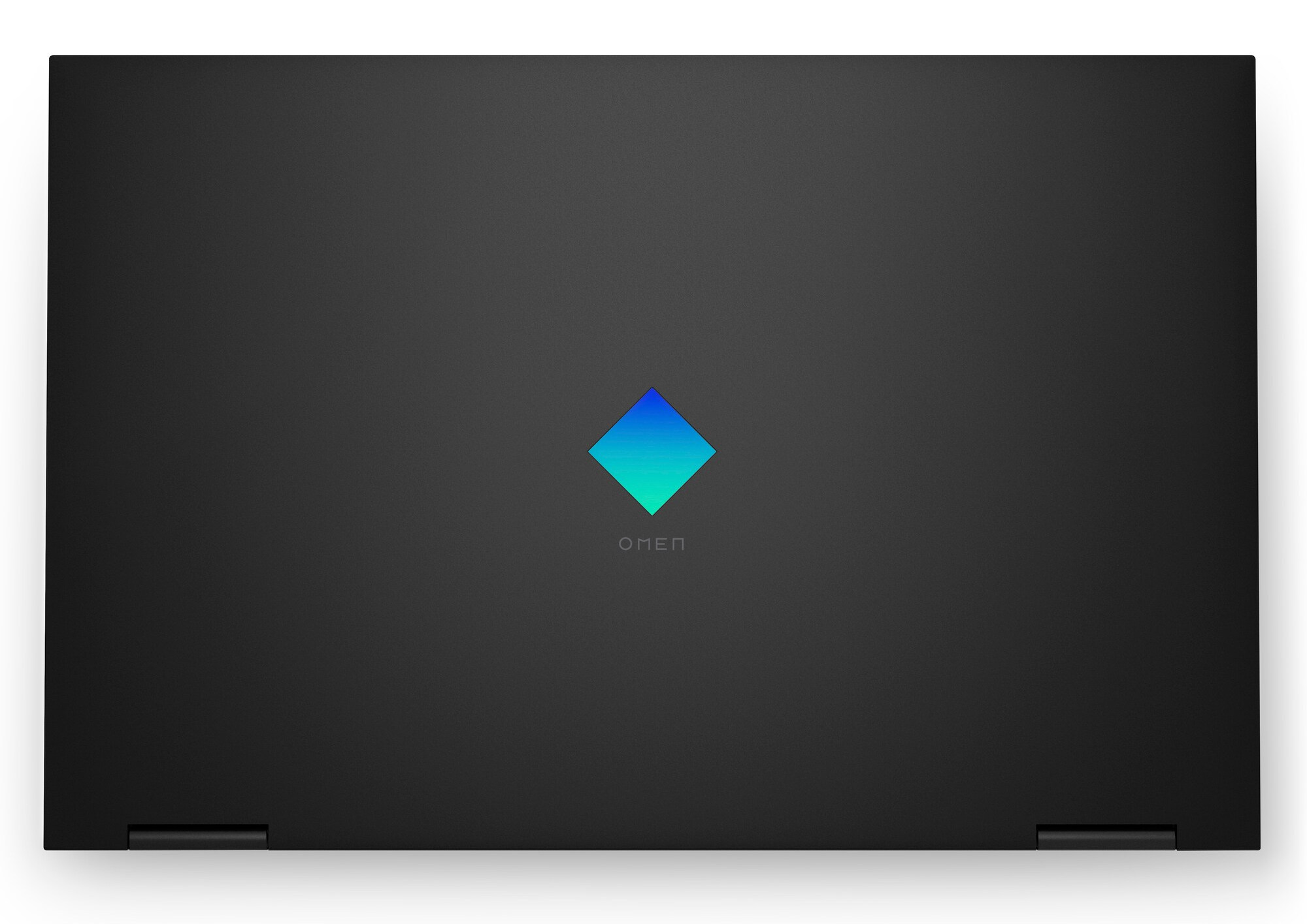 Widok z góry na czarny laptop OMEN z niebiesko-zielonym logo w kształcie diamentu.