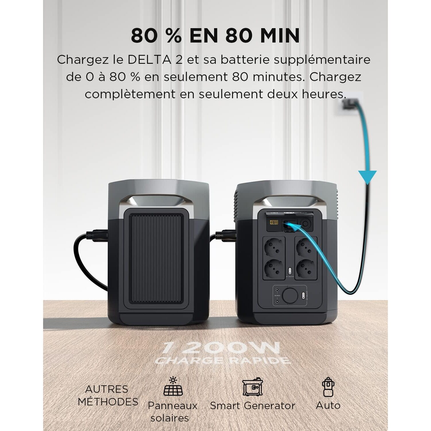 Deux centrales électriques avec du texte indiquant des capacités de charge rapide.