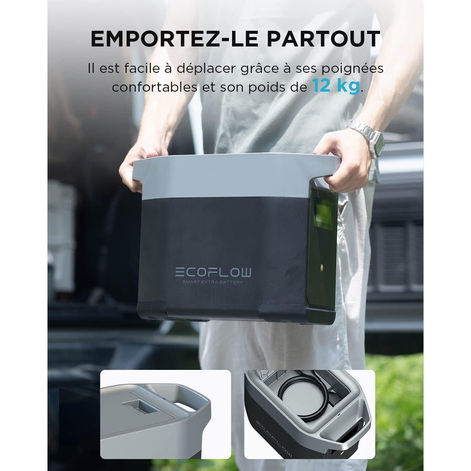 Personne tenant une centrale électrique portable noire, avec des images de détail.