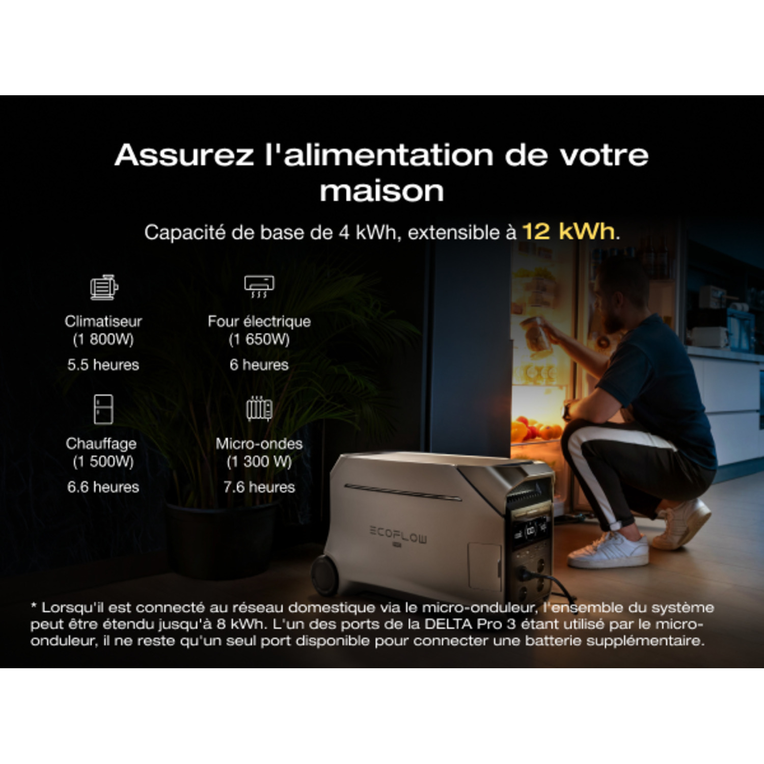 Une personne utilisant une centrale électrique Delta Pro 3 avec un réfrigérateur en arrière-plan.
