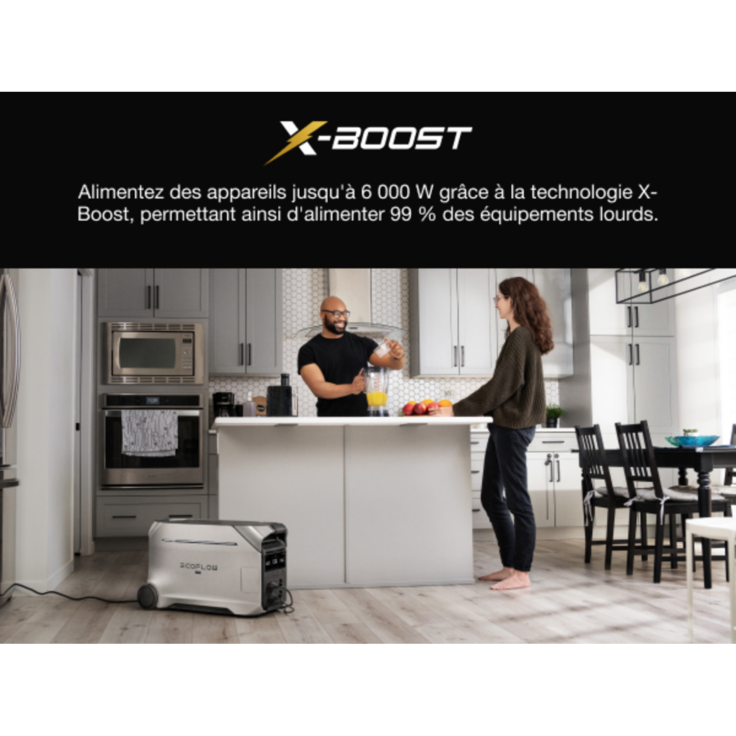 Un générateur alimente une cuisine avec deux personnes. Le texte dit X-Boost et 6000W.