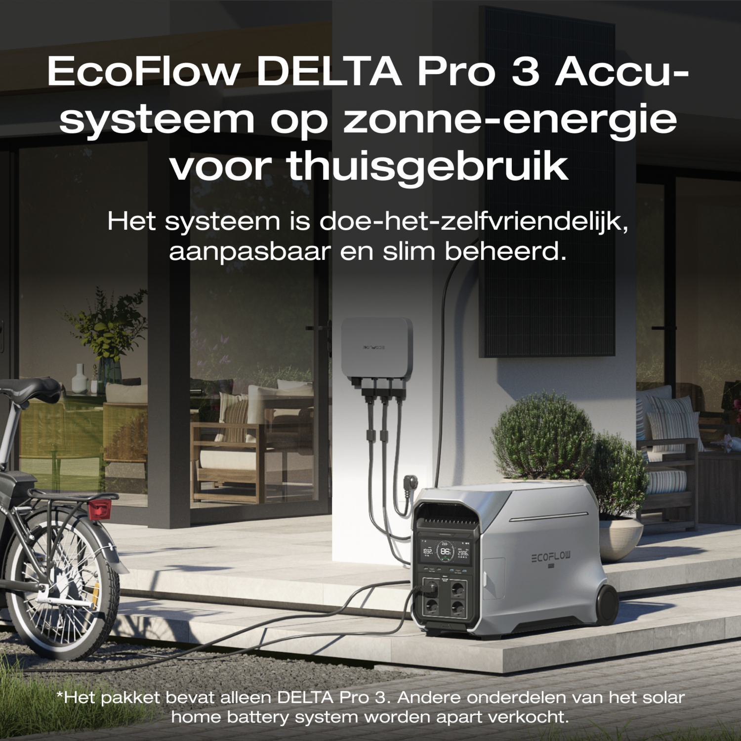 A silver portable power station on a patio. A bike is visible, with text in Dutch about solar power.