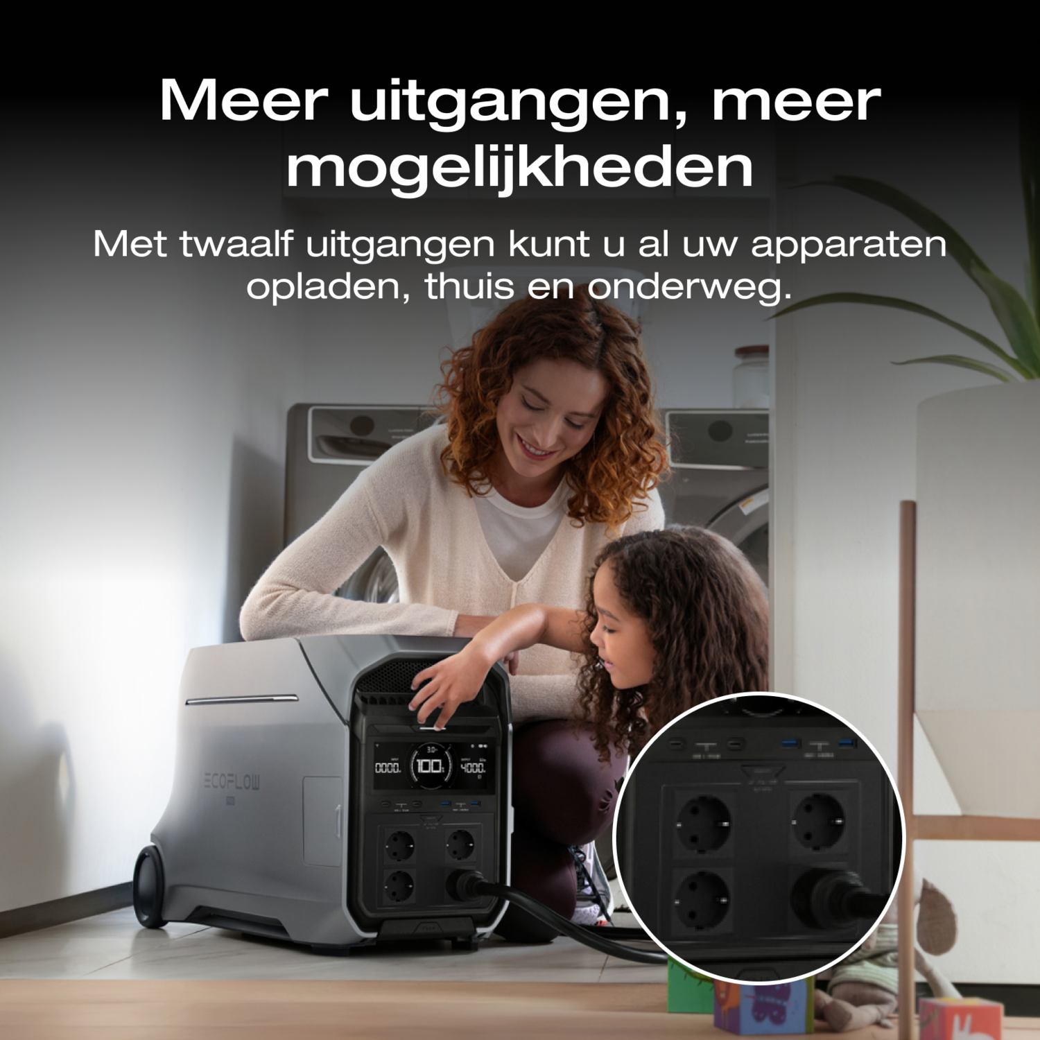 Woman and child interact with a portable power station in a home environment.