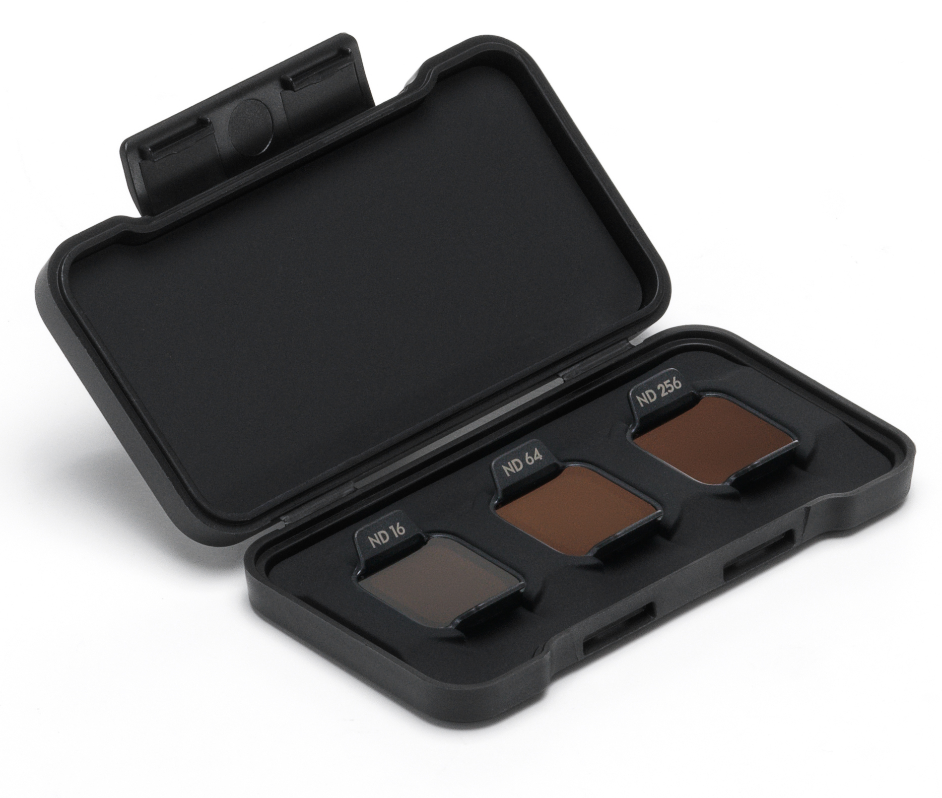 Czarny zestaw filtrów do aparatu z trzema filtrami neutralnej gęstości.