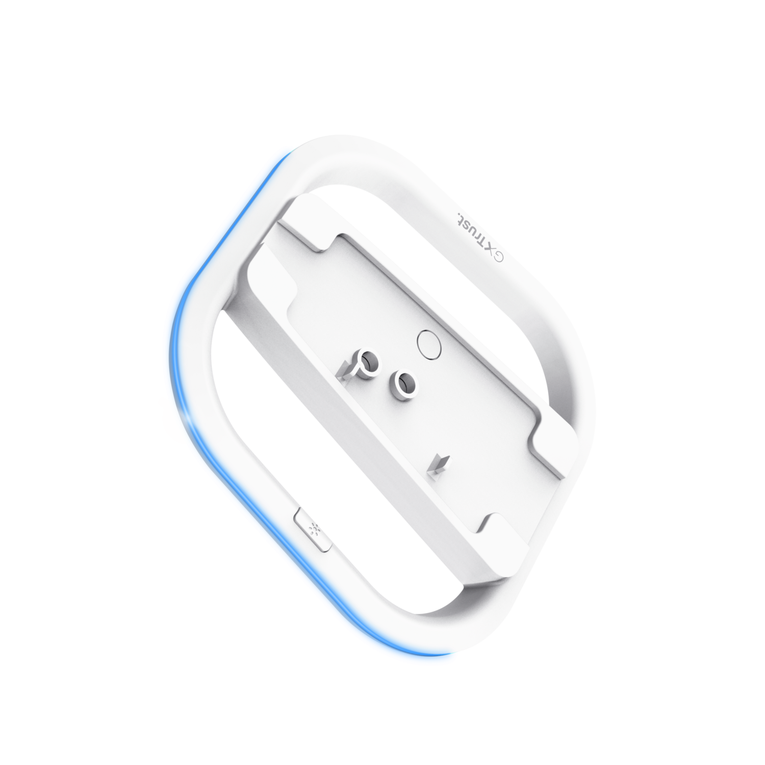 White and blue light ring device, with a white base. Has two holes and a button. On a black background.