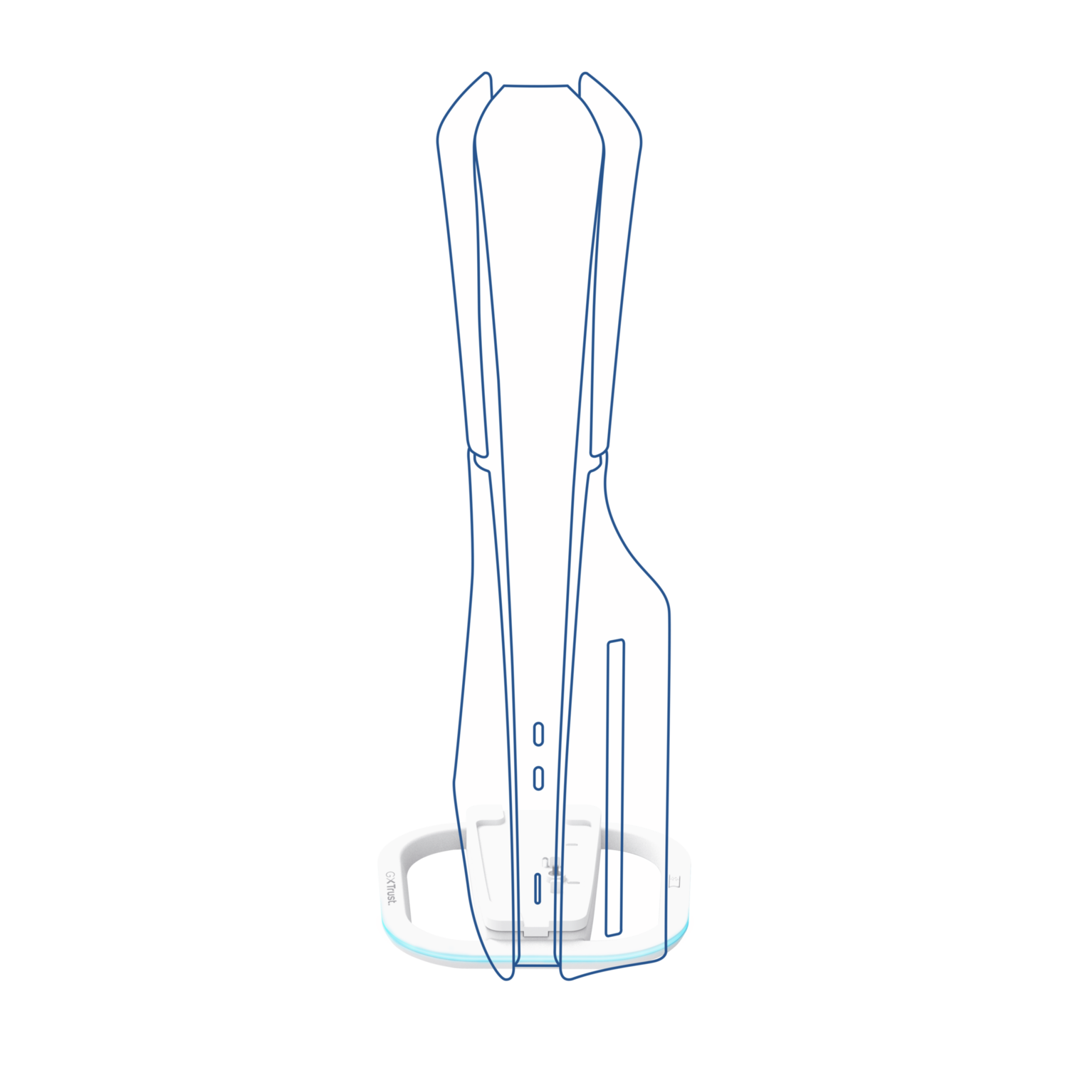 A white and blue PS5 controller design on a black background.