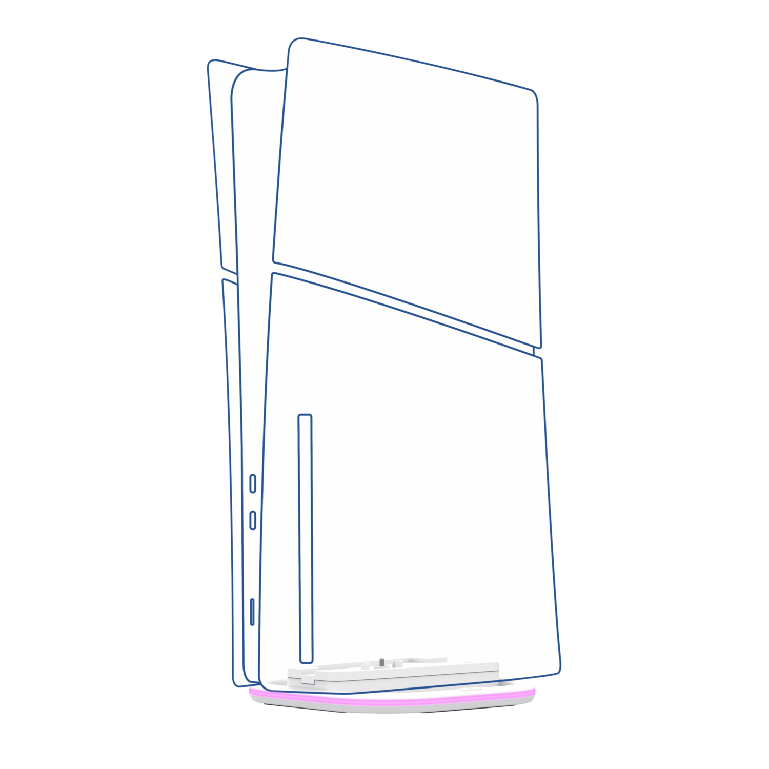 Outline of a white game console with a stand. The console has a blue trim and a black background.