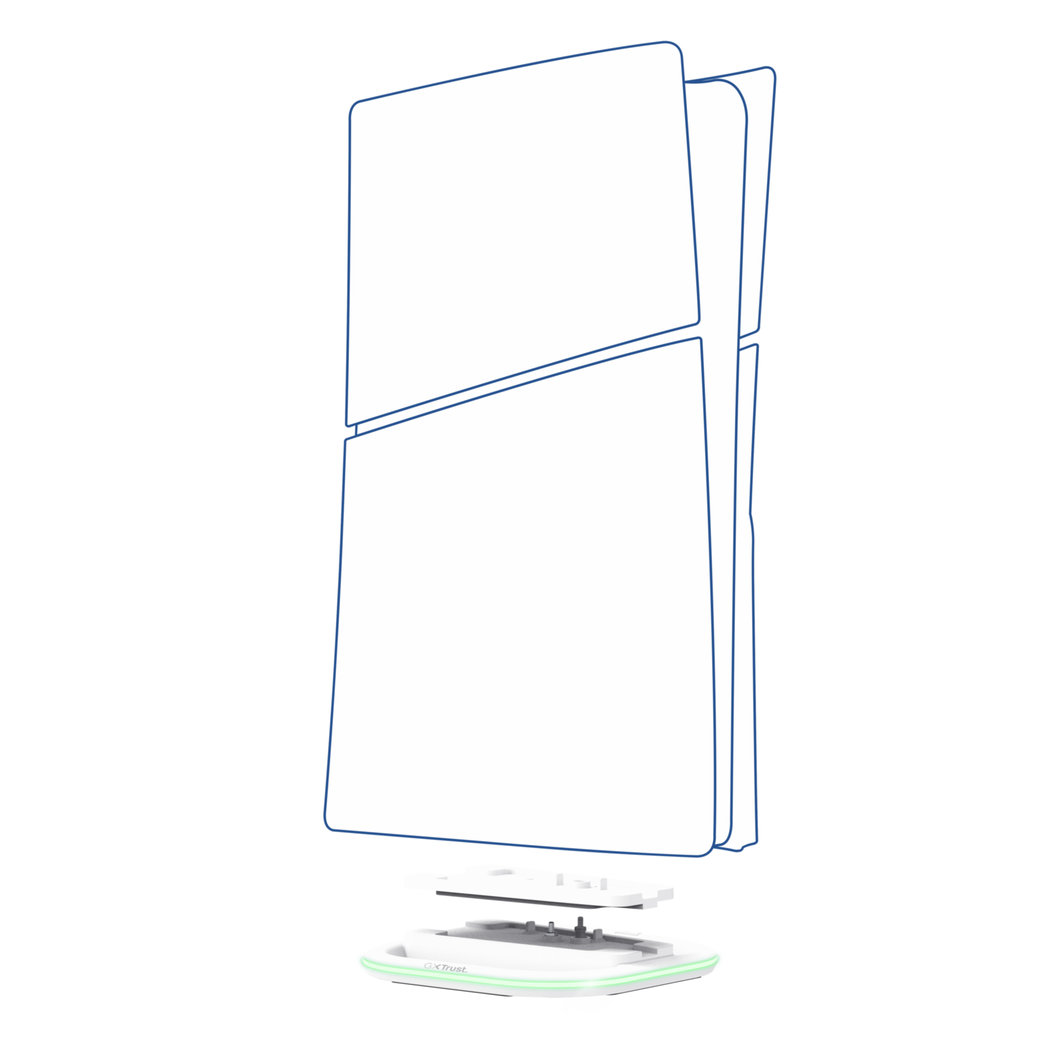 A white PS5 console with blue accents, in vertical position, with a white base and black background.