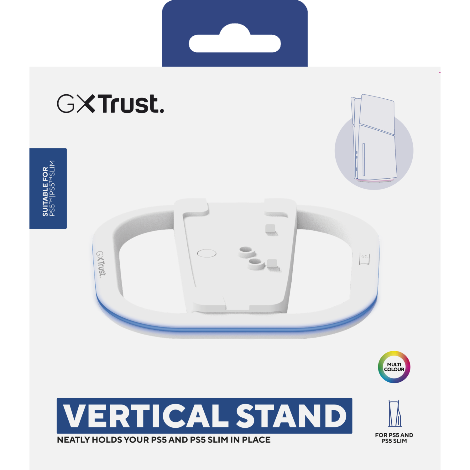 White and blue vertical stand for PS5 and PS5 Slim, in a black box.
