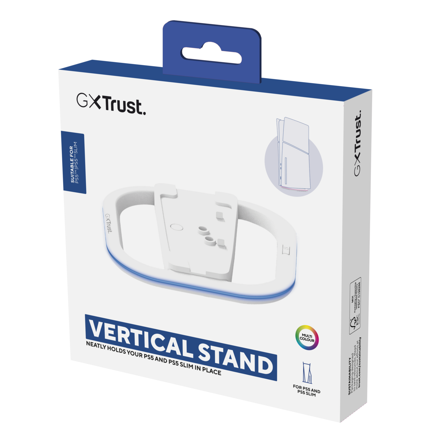 White and blue vertical stand for PS5 and PS5 Slim, in a white box.